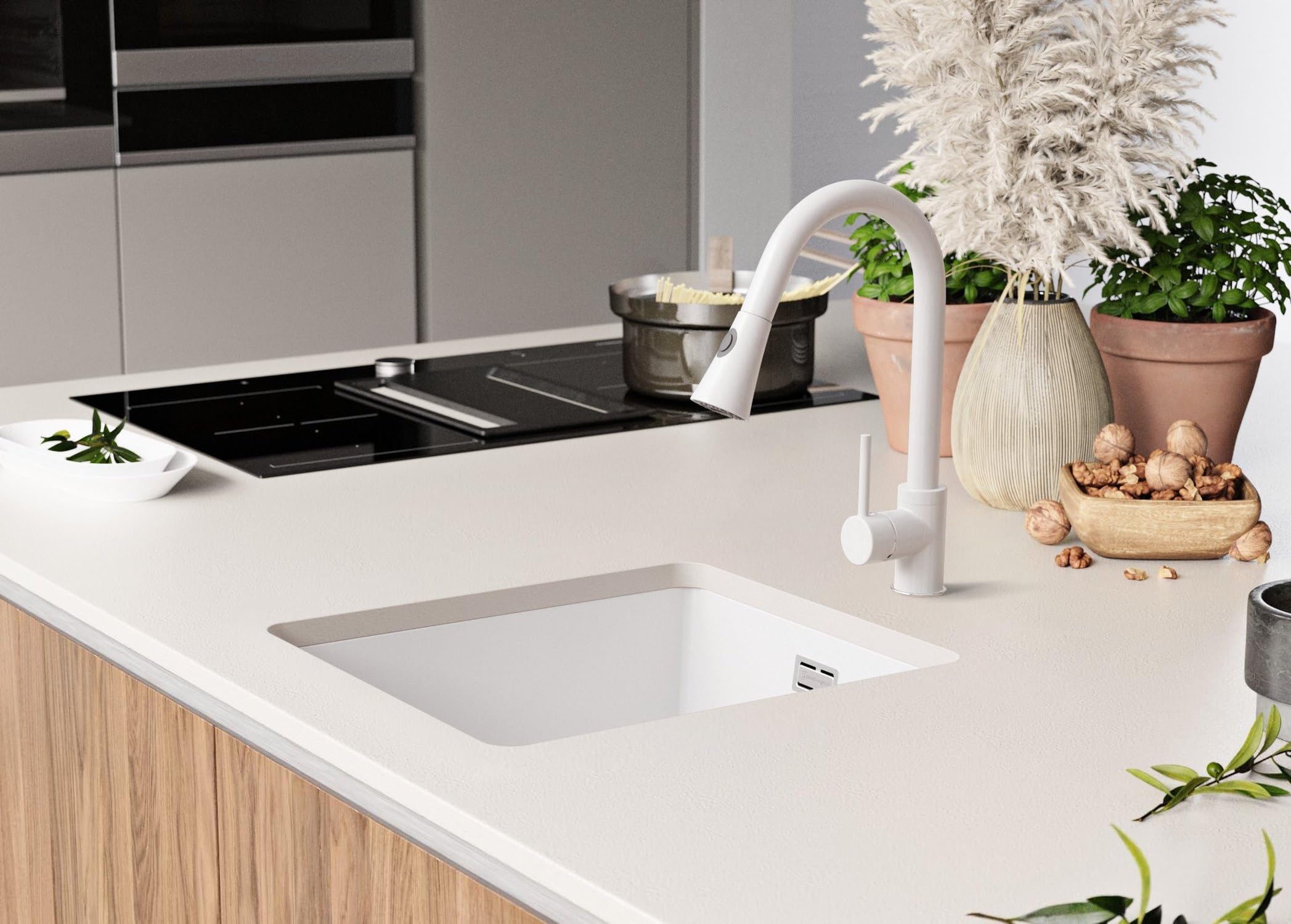 PRIMAGRAN Fregadero bajo Encimera Blanco - London, 41x47cm | Cocina 1 Seno + Zuberhor-Set, Granito al Mueble 45cm (S152)