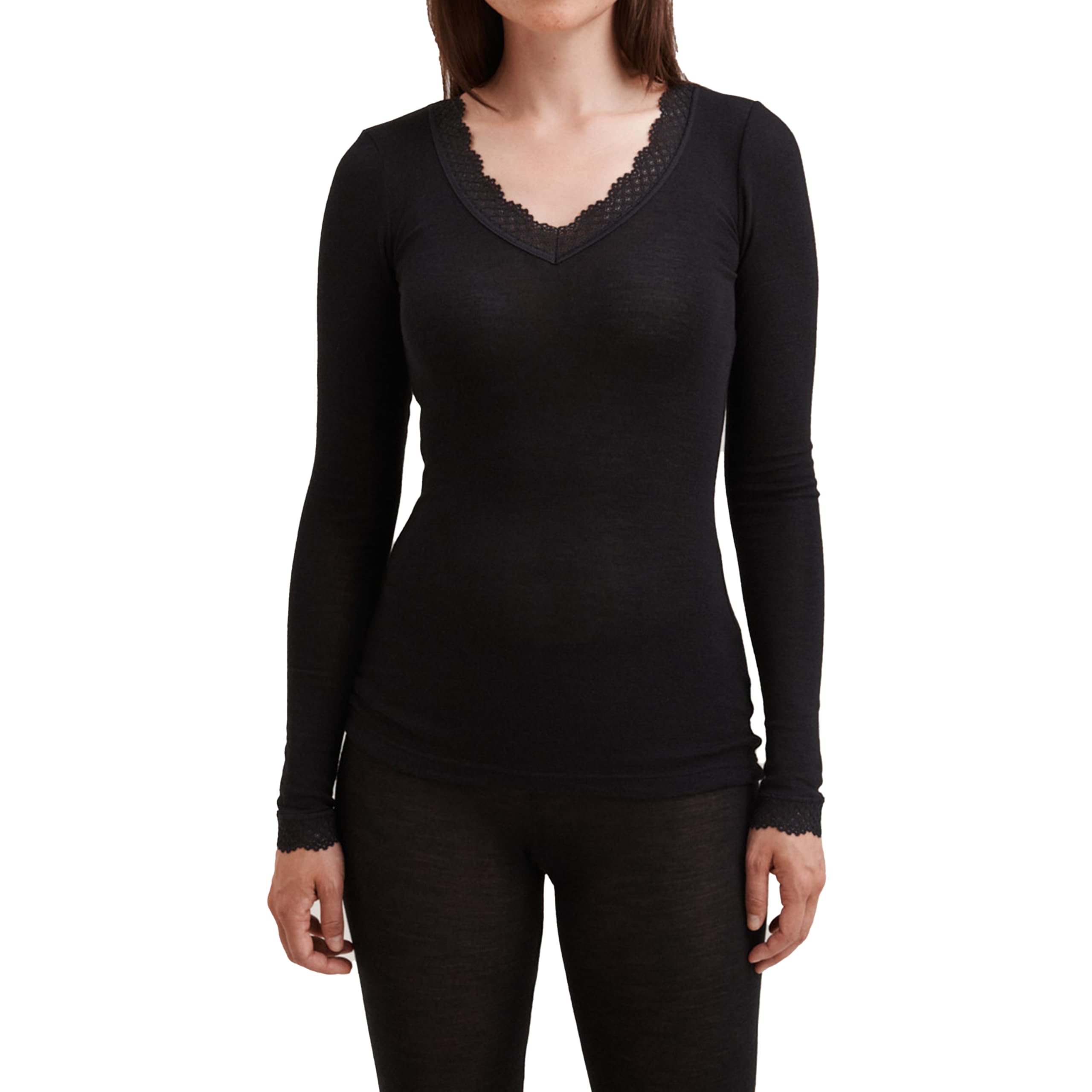 Dilling Women's Black Merino Wool/Silk Lace Trim Long Sleeve Top 10