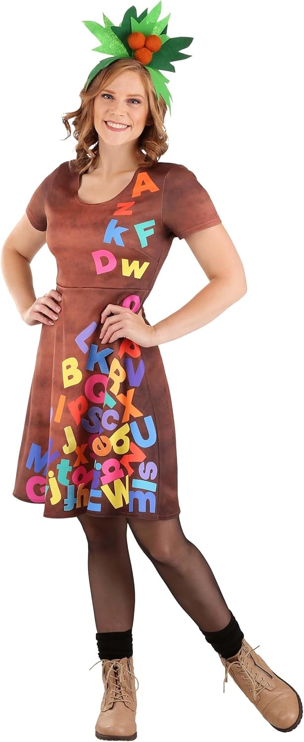 Women's Chicka Chicka Boom Boom Costume Dress with Letters and Headband, Officially Licensed, Alphabet