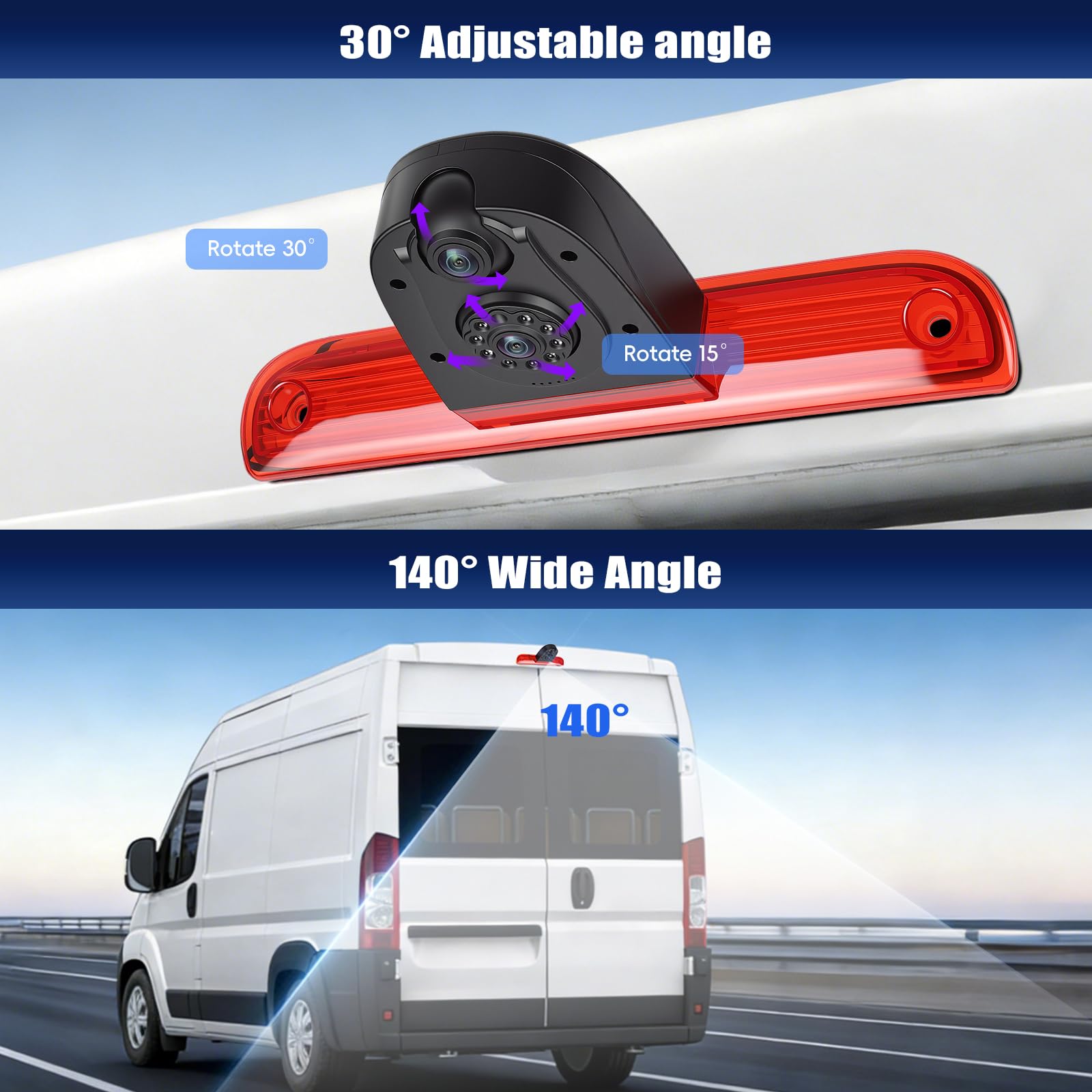 CAMECHO Cámara Trasera HD para Fiat Ducato 2006-2018, Peugeot Boxer 2006-2018 con Visión Nocturna IP67 Cámara Impermeable, Tercera Luz Freno con Gran Angular de 140 °, cámara giratoria 30 °+15 °, 12V