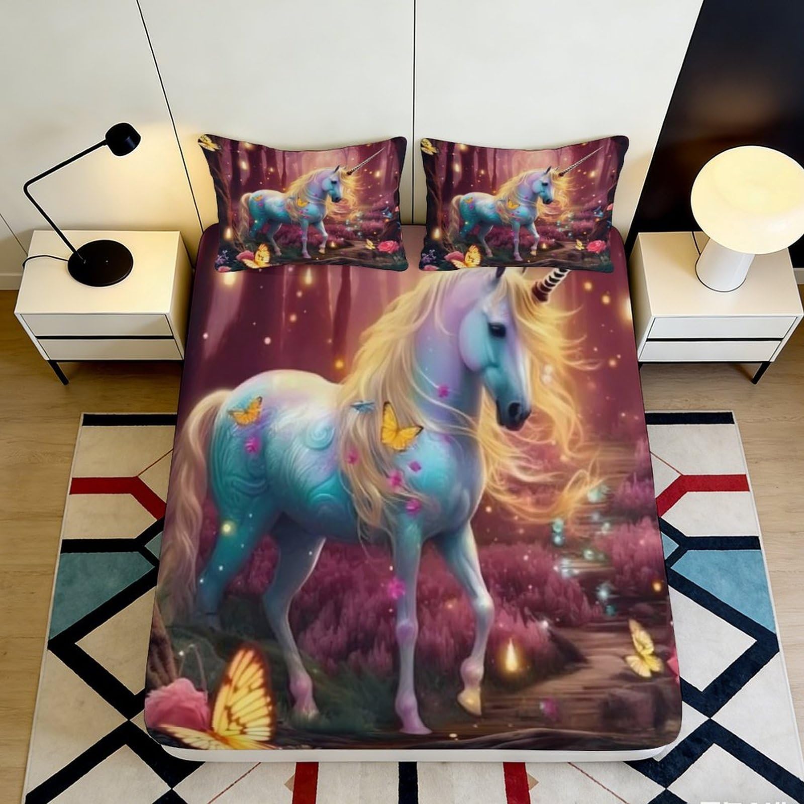 3D Printed Magical Unicorn Fitted Sheet Microfiber Soft Anti-Slip Fantasy Forest Bed Cover for Bedroom Dorm Decor 90x200x25cm