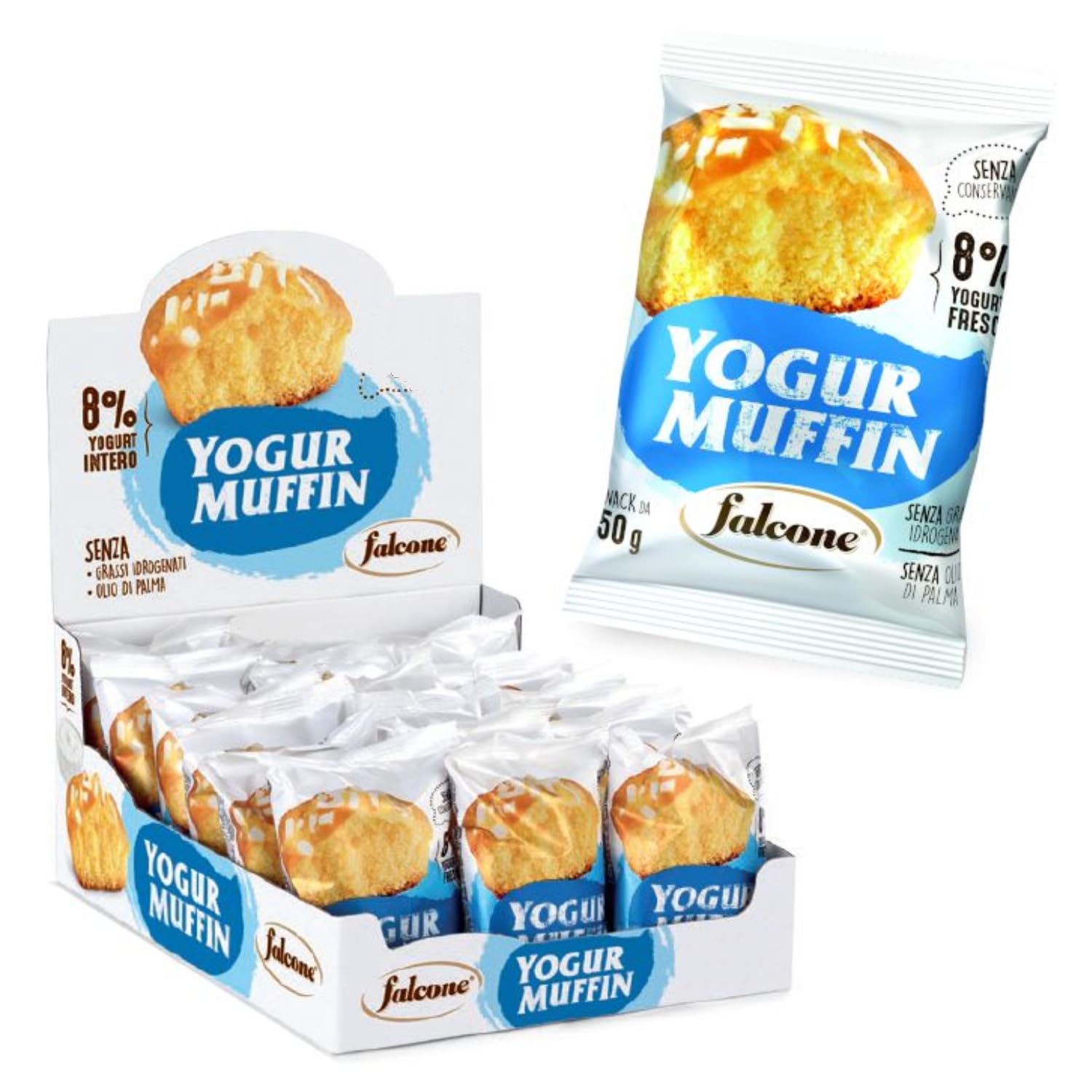 Falcone® | Muffin con Farcitura Yogurt Intero | Muffin Soffice Senza Olio di Palma - 18 x 50 Gr