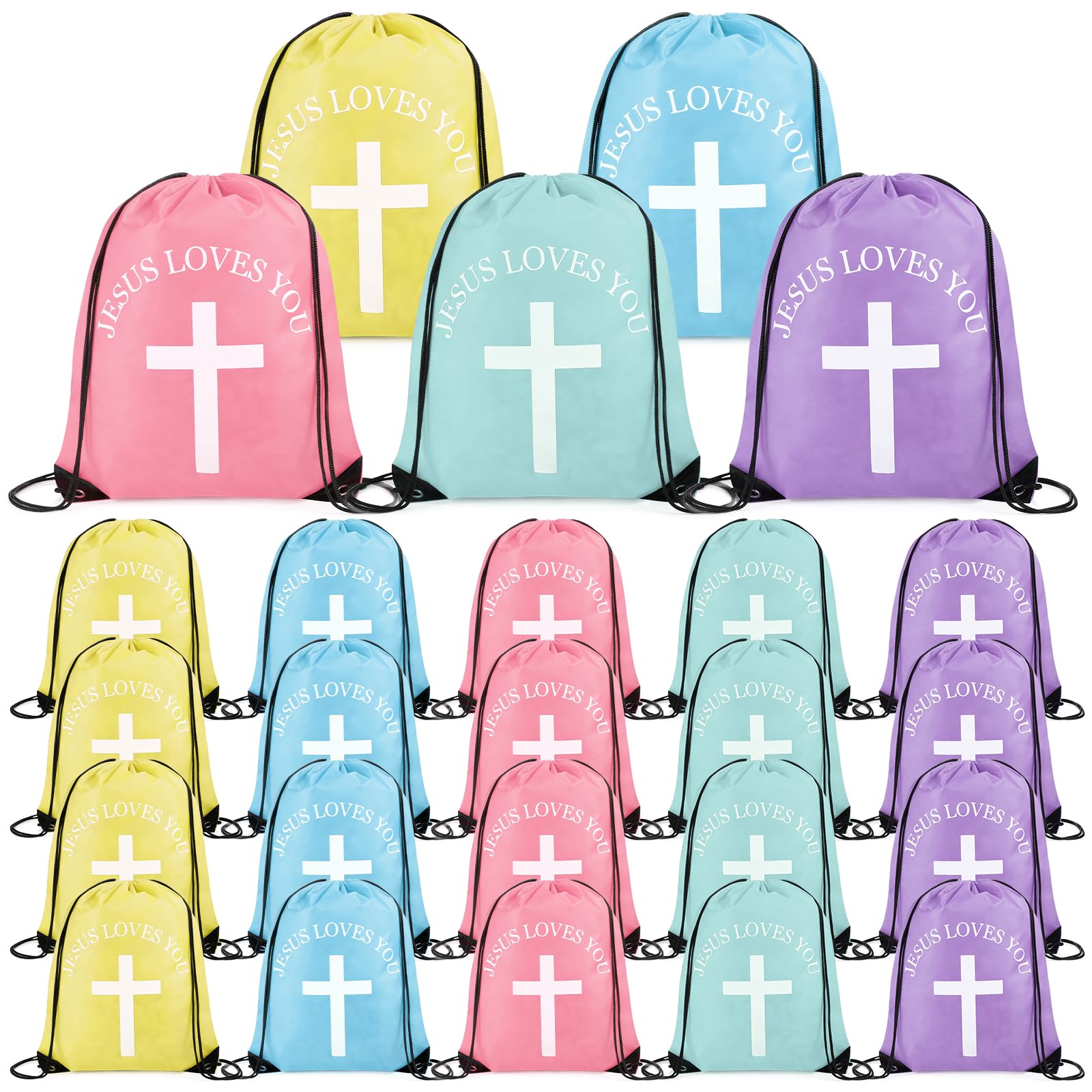 SilTriangle Jesus Loves You Drawstring Backpack Bulk Easter Church Gifts Christian Religious Gift Bag Polyester Backpack(Pastel Color,20 Pcs)