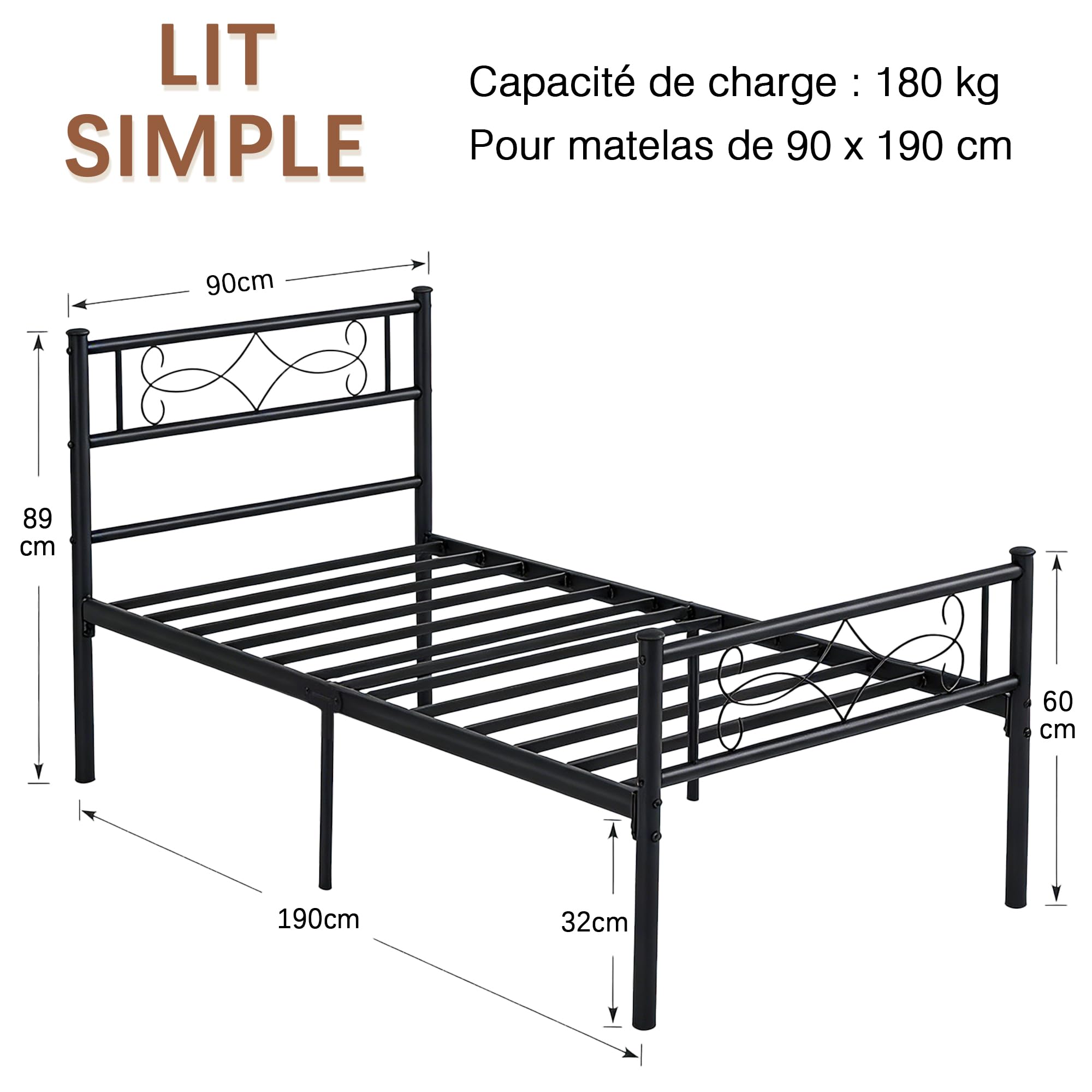 VECELO Cadre de Lit 90x190 cm avec Sommier Métal, Montage Facile, Espace de Rangement de 32 cm pour Petits Espaces, Chambre d’Amis, Chambre Ado, Noir