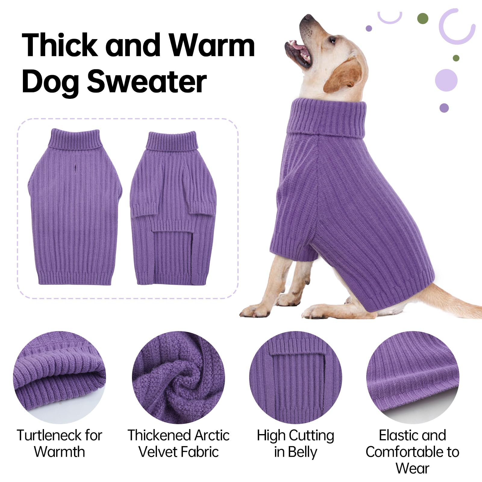 OUOBOB Dog Sweater, Dog Sweaters for Large Dogs, Christmas Turtleneck Pet Sweaters Knitwear Boys Girls, Classic Cable Knit Pet Pullover Sweater, Labrador, Border Collie (Purple XL)