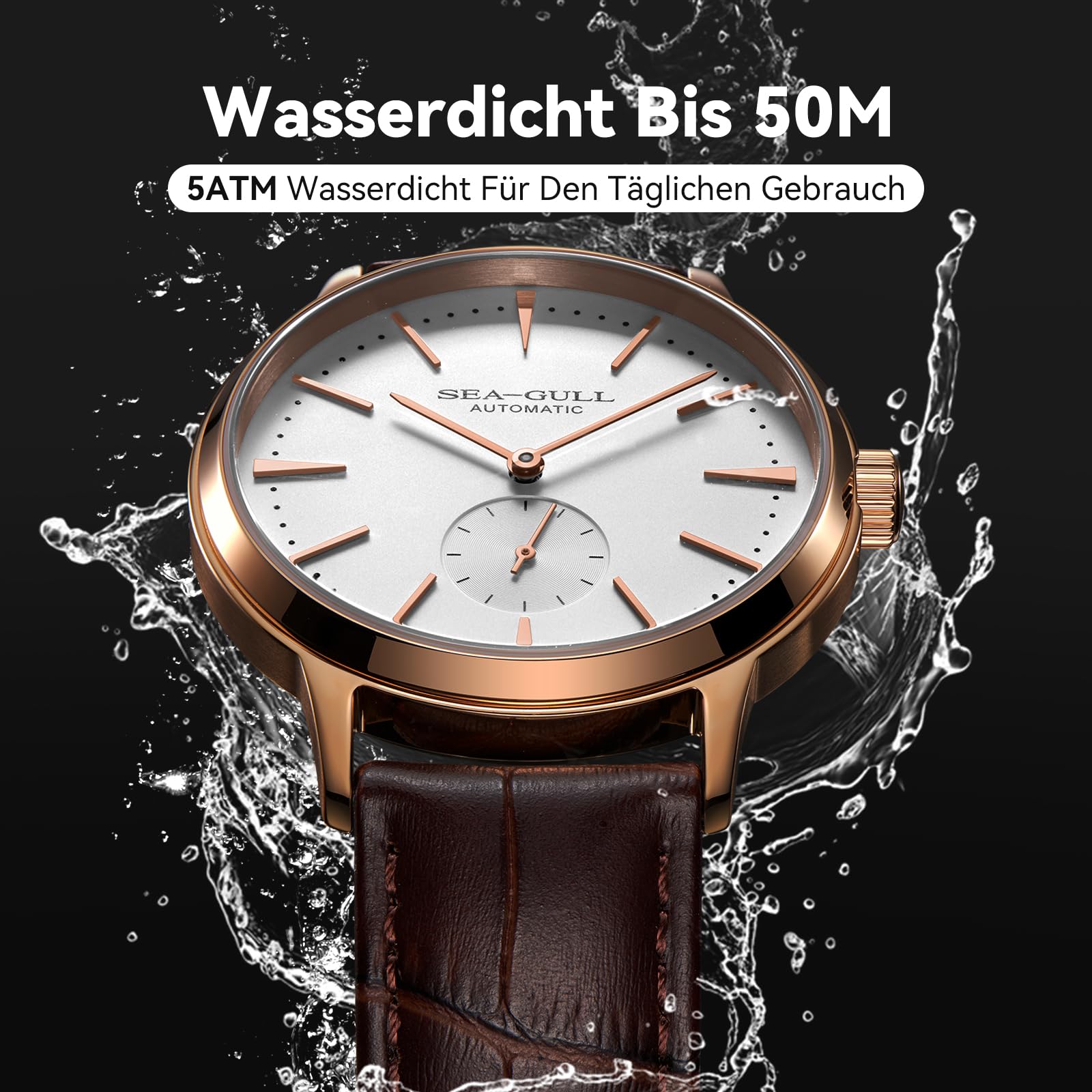 Seagull Herren Automatik Mechanische Uhr mit Sekunden-Unterzifferblatt Business Lederarmband Analog Anzeige Armbanduhr 40mm