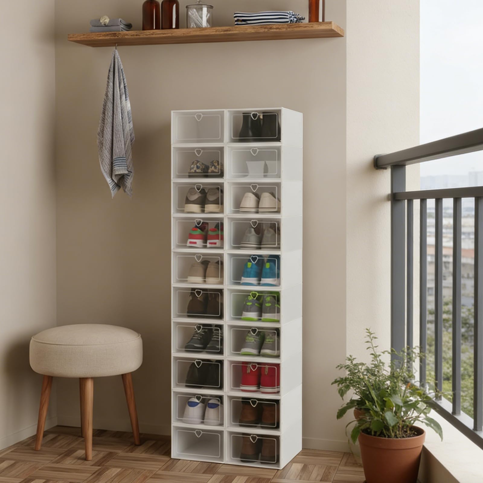 Juego de 20 cajas para zapatos con tapa abatible, apilables, transparentes, de plástico, resistentes cajas de zapatos para zapatillas y zapatos, solución organizadora para ahorrar espacio