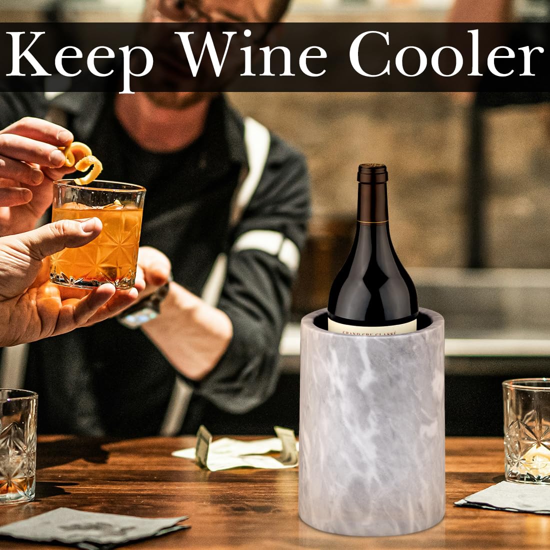 Enfriador de vino de mármol natural Linkidea, elegante cubo aislante para botellas de vino, regalo para entusiastas del vino, ideal para reuniones y eventos (blanco)