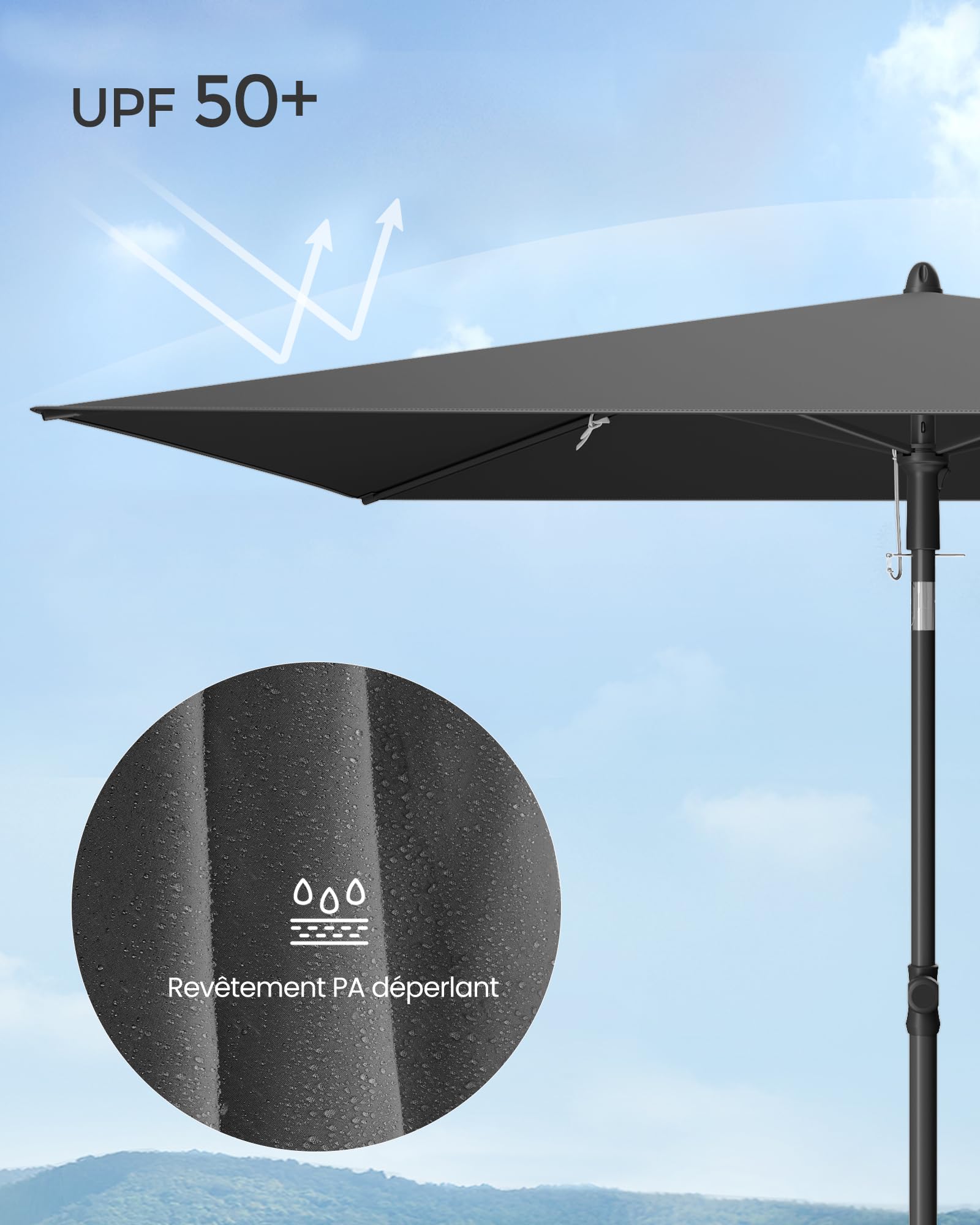 SONGMICS Parasol de balcon, parasol de jardin rectangulaire, UPF 50+, pliable, parasol de terrasse, extérieur, jardin, terrasse, plage, sac de transport, sans support