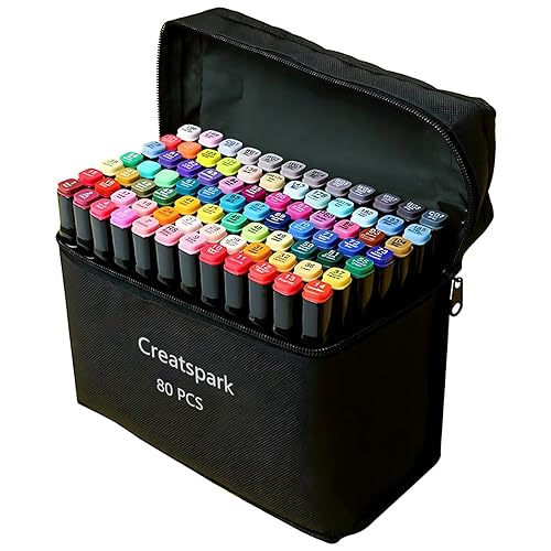 CREATSPARK Alcohol Markers 80 Colors with Base Dual Tip Art Drawing Markers for Anime Sketch Illustrations - Refillable - 80