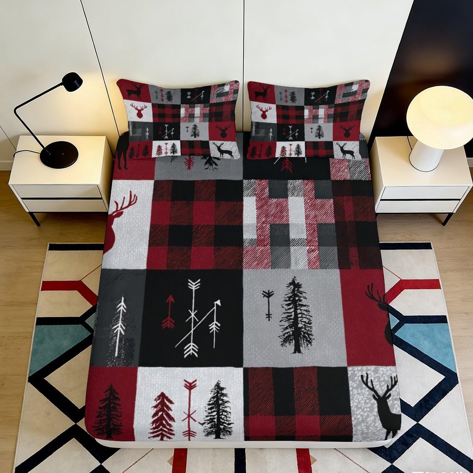 3D Printed Plaid Forest Fitted Sheet Microfiber Soft Red Black Deer Elk Mattress Cover for Bedroom Guest Room Home Decor 90x200x25cm
