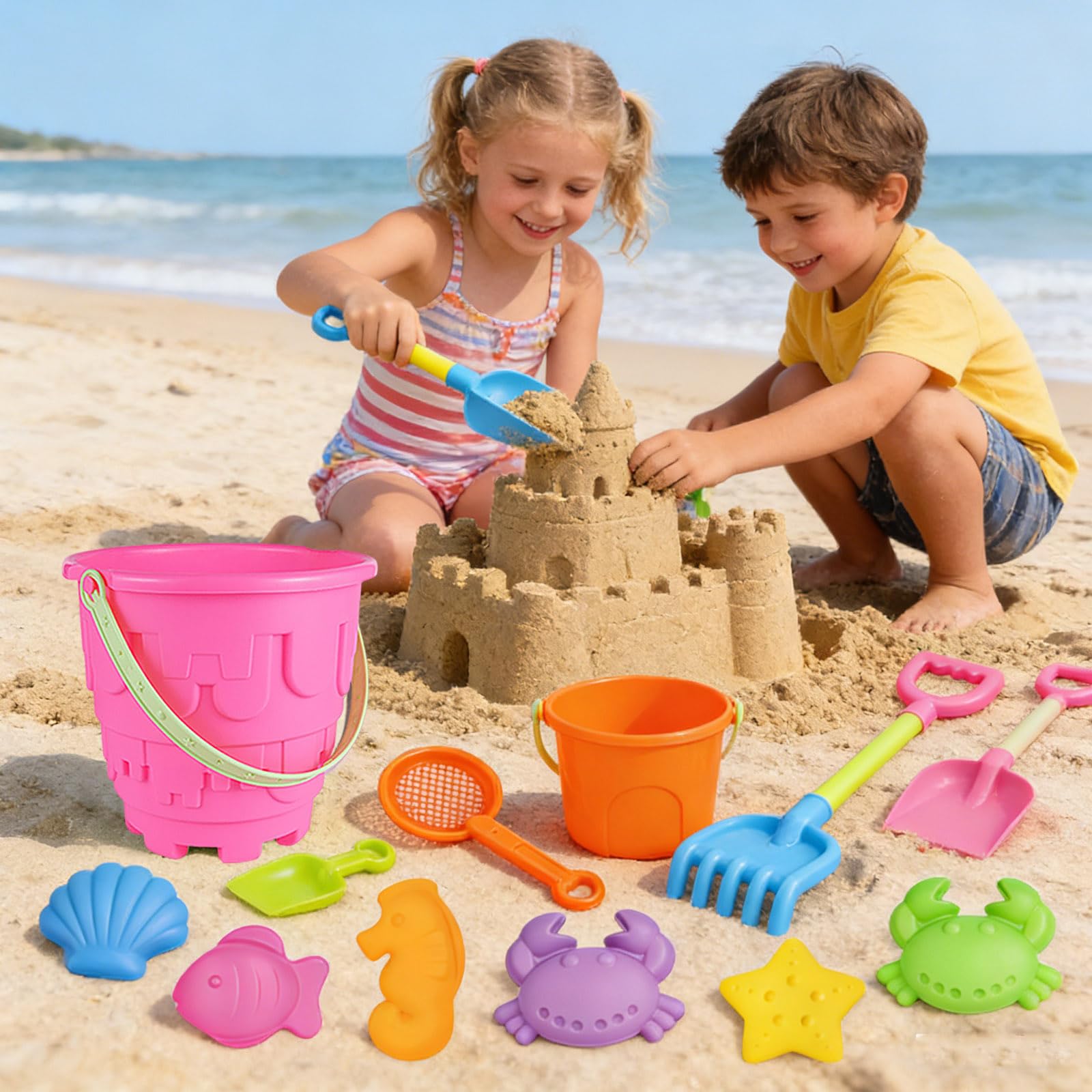 Generisch Sandspielzeug Set 13 für Kinder Robustes Sandkasten Spielzeug mit Eimer Sandförmchen und Bunt Reise Sand Spielzeug für Strand Urlaub Garten Sicheres Outdoor Spielzeug für Junge und Mädchen