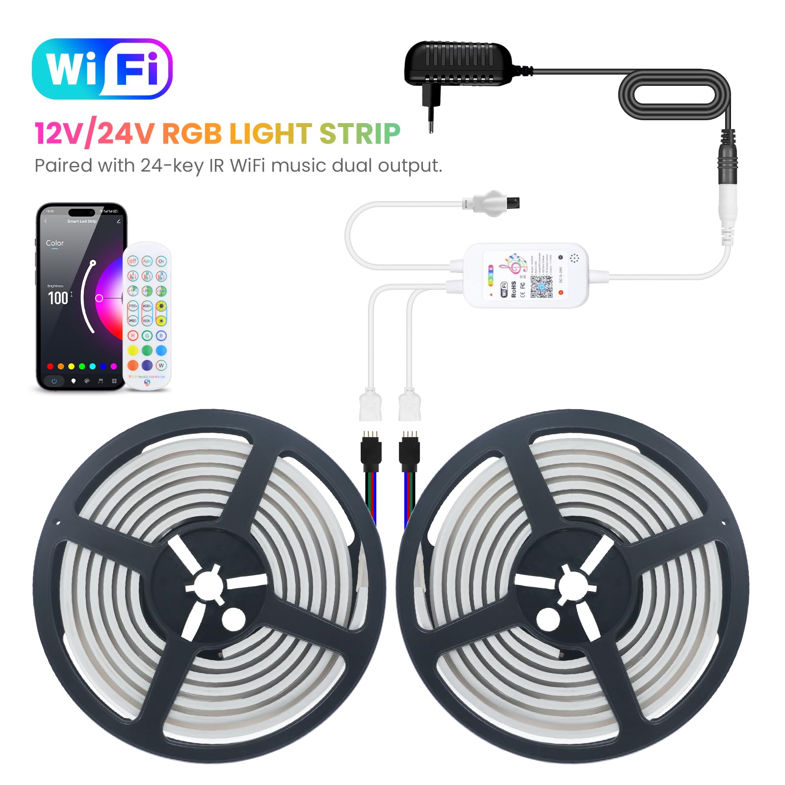 KISUFU Tira LED COB RGB 12V, 576 LEDs/m IP65 impermeable Flexible multicolor Neon de luces led con Controlador IR RGB 24 teclas para música WIFI para Gabinete, Dormitorio, Armario.