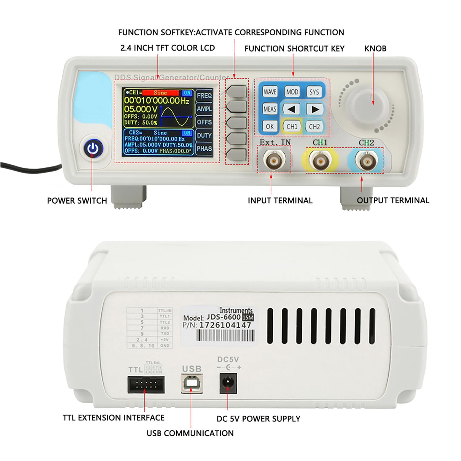 AMONIDA JDS6600 Generador de Forma de Onda Arbitraria con Función de 60 MHz Generador de Señal de Fuente de Señal Digital con Pantalla TFT de 2,4 Pulgadas Contador de Ráfaga (Estándar europeo 15HZ)