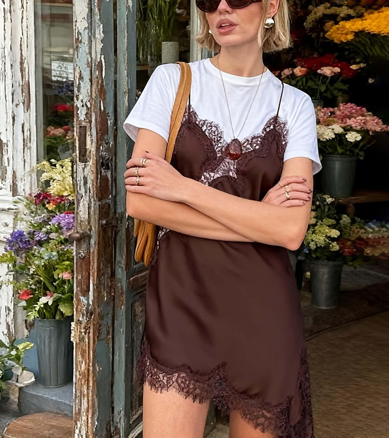 Women's New Solid Color Simulated Silk Lace Camisole Satin Asymmetric Vest Backless Lace Patchwork Camisole Skirt - Image 4