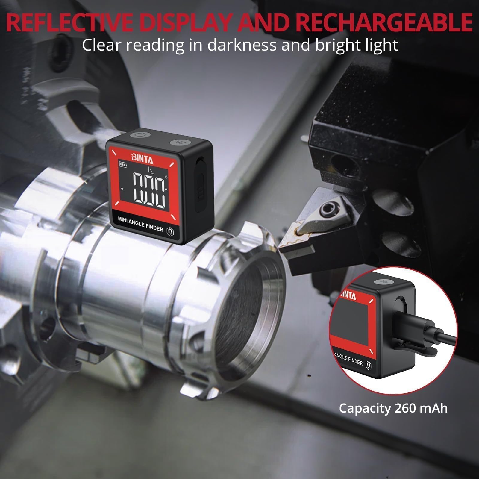 BINTA Medidor digital de Ángulos, Inclinómetro Transportador con Base Magnética Retroiluminación IP54 Recargable, Nivel de Burbuja Digital Magnético para Carpintería y Uniones de Mesa