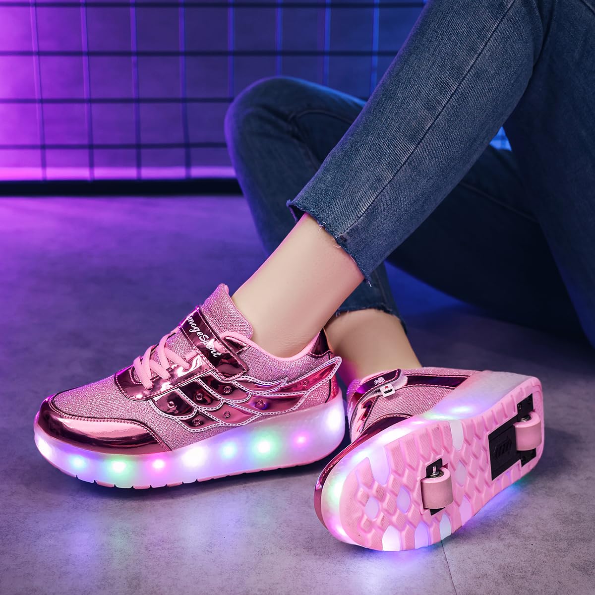 USB Recargar Skateboarding Zapatos Luces LED Coloridos Parpadeante Zapatos de Skate Rueda Doble Zapatillas Calzado Deportes de Exterior Gimnástico Sneakers Regalo de cumpleaños para niños