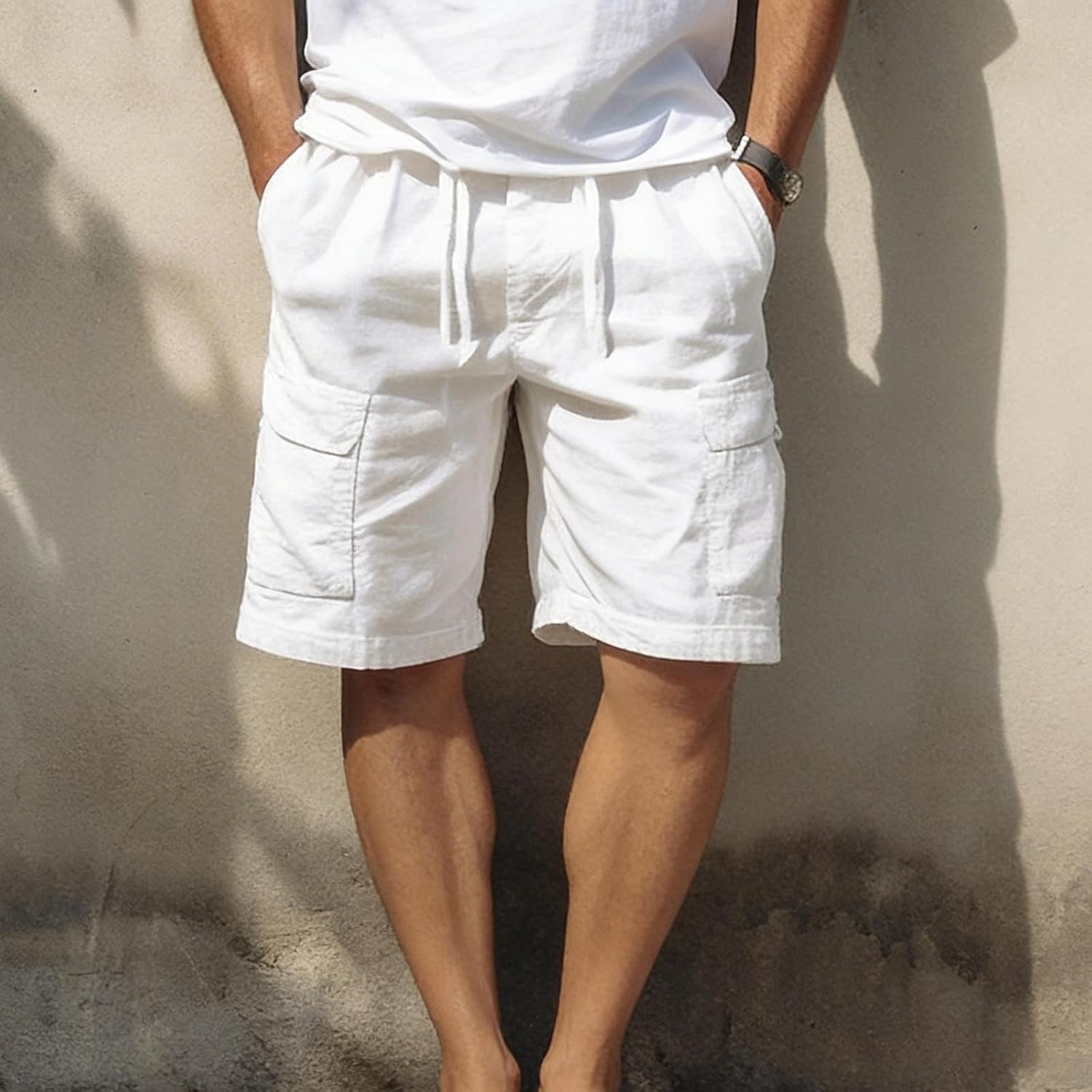 Mens Casual Linen Cargo Shorts with Elastic Waistband Drawstring and Multiple Pockets Relaxed Fit Summer Shorts