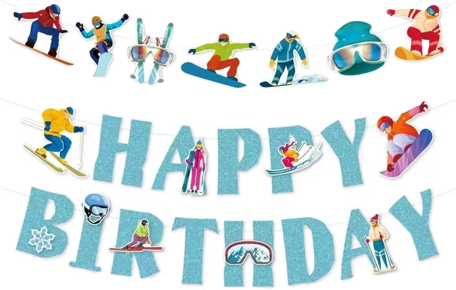 Skiing Birthday Party Decorations，Blue Glitter Skiing Birthday Banners ，Winter Sports Party Decorations，Ski Party Hanging Banners For Skier Winter Sports Themed Party