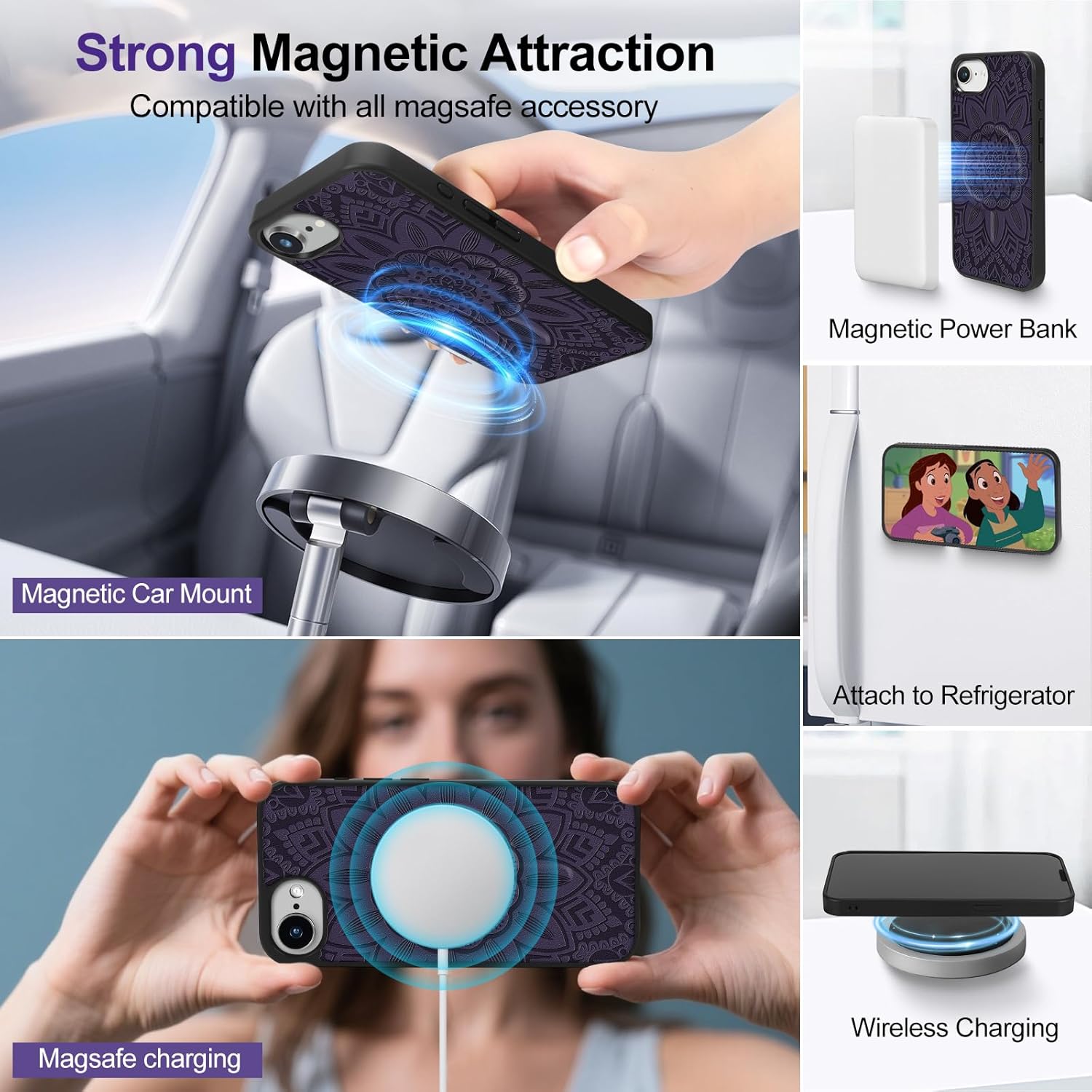 Harryshell 2 in 1 for iPhone 16e 17e Wallet Case Magnetic Compatible with Magsafe RFID Blocking Card Holder Detachable Phone Cover Zipper Purse Kickstand Wrist Strap for Men Women Floral Purple