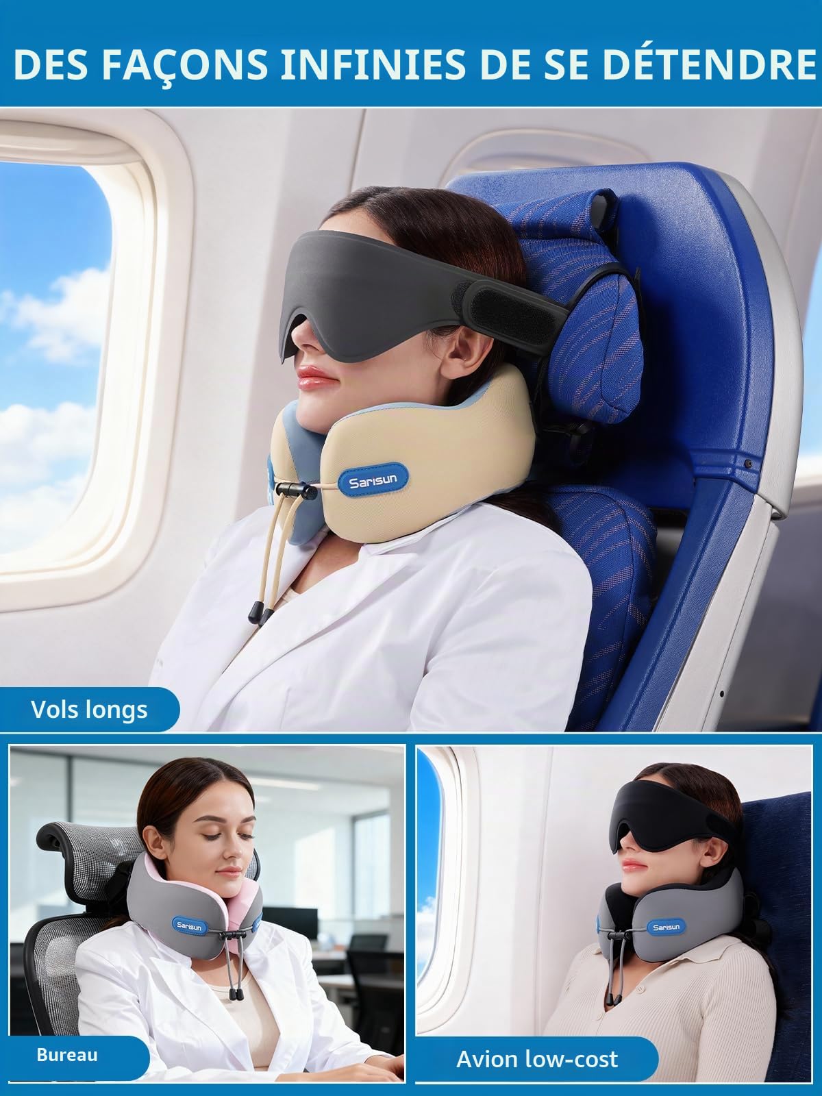 SARISUN Coussin de Voyage, Oreiller de Voyage Densité Memoire Forme et Sangle, Combiné avec Un Masque de Sommeil 3D, Coussin de Nuque pour Voyage Double pour Les Voyages en Avion et en Voiture Noir