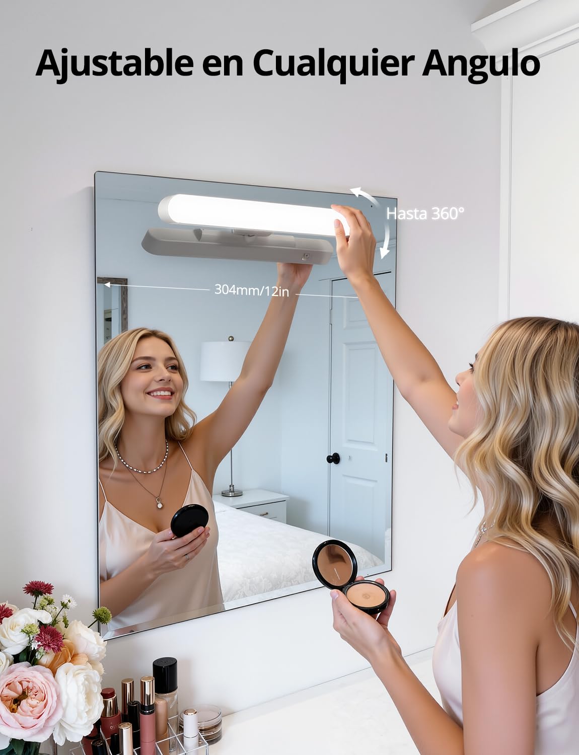 Combuh Luz para Tocador de Maquillaje Lues Espejo Baño Sin Cable Sin Instalación, Autonomía 14 Días 4000mAh Lampara LED Espejo Recargable con Usb 3 Temperaturas de Color Ajustables 2 Unidad