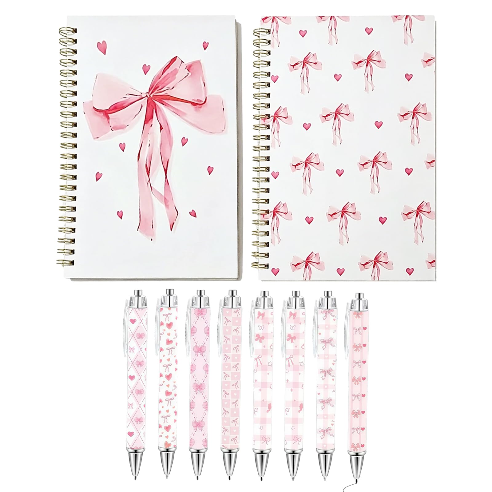 Leseogye Pink Bows Notebooks and Pens Set, Cute Stationary with 2 Pink Notebooks and 0.55mm 8 pcs Nib Pens, Bows Set for School and Office, Gift for Kids