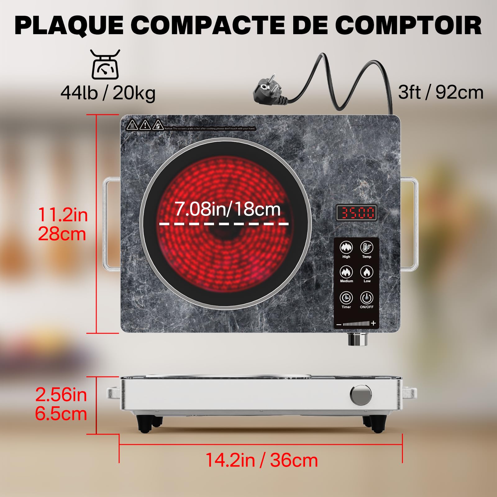 Plaque de Cuisson Électrique 1 Feu, Plaque Vitrocéramique Infrarouge Portable avec Commande Tactile et Bouton Rotatif, Réglage de Température pour Cuisine & Camping, Single-Marble