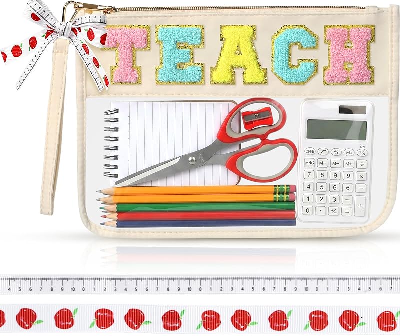 Necessaire transparente Clysee com estampa TEACH, zíper, 2 fitas decorativas e 3 unidades, bege