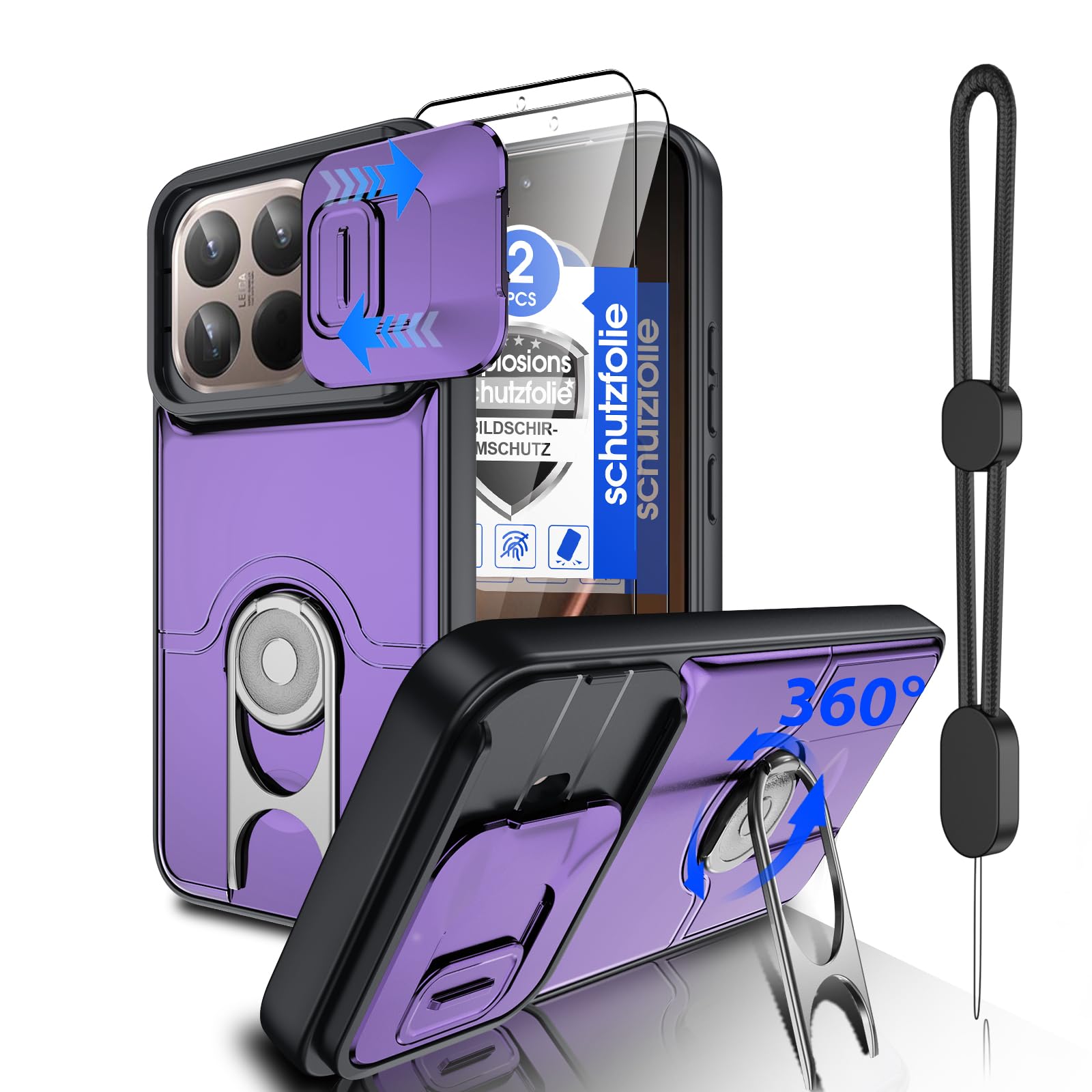 Dizn Ständer Hülle für Xiaomi 15T Pro: [Nicht für Xiaomi 15/15T], 2 Displayschutzfolie, Schiebeabdeckung Schiebehülle,Slide Camera Telefonhülle,Handyband,Kickstand Handyhülle für Xiaomi 15TPro 5G,Lila