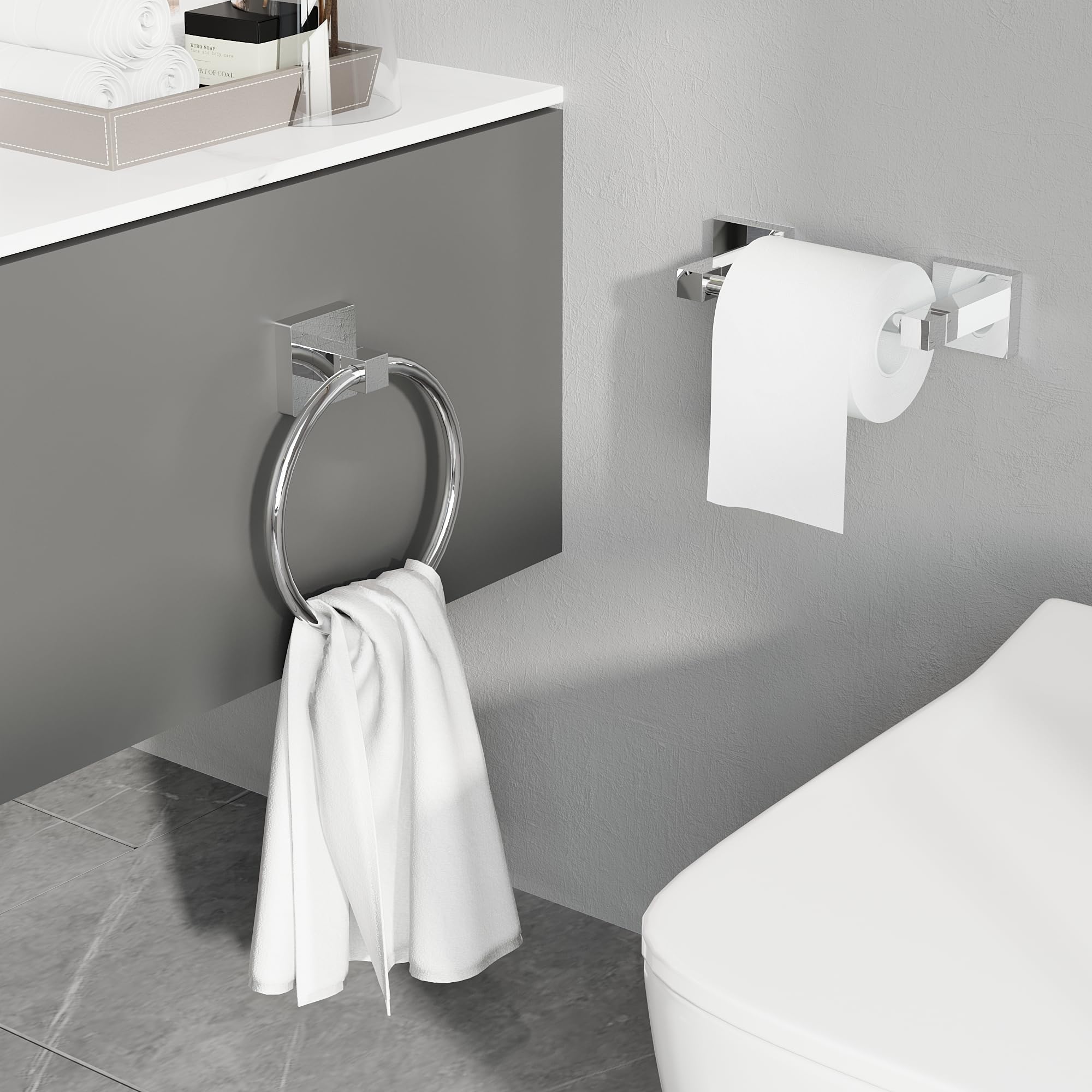 Ruacq Chrome Toilet Paper Holder Towel Ring Bathroom Accessories Hardware Set Double Post Pivoting Toilet Roll Holder Square Stainless Steel and Zinc Alloy Modern Wall Mounted 2 Pieces - Image 2