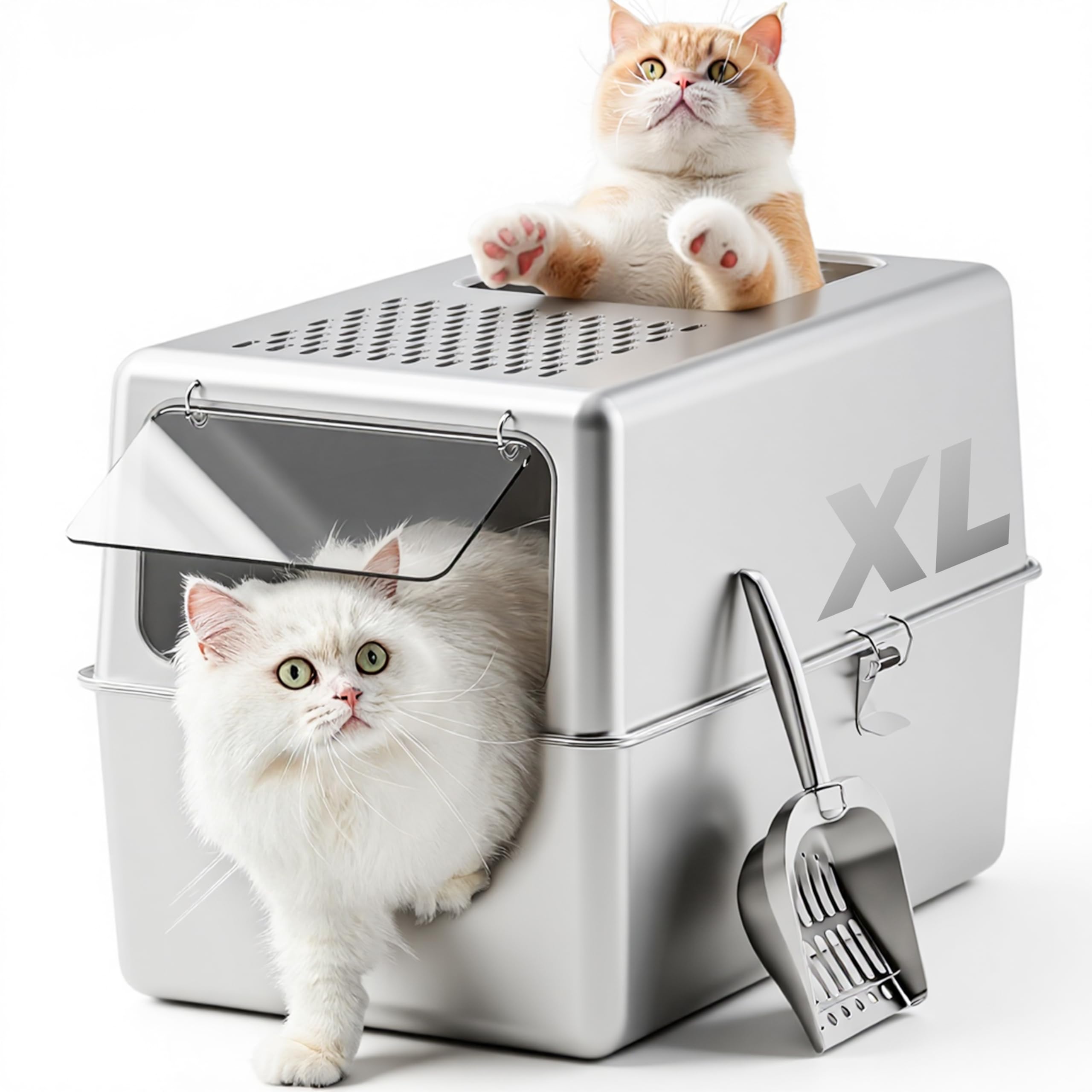 Extra Large Enclosed Stainless Steel Litter Box with Lid, 23.6"x17.7"x15.7" High Sided Metal Cat Litter Box for Indoor Cats, Covered Dog Proof Kitty Litter Pan, Odor Free, Non Sticky, XL