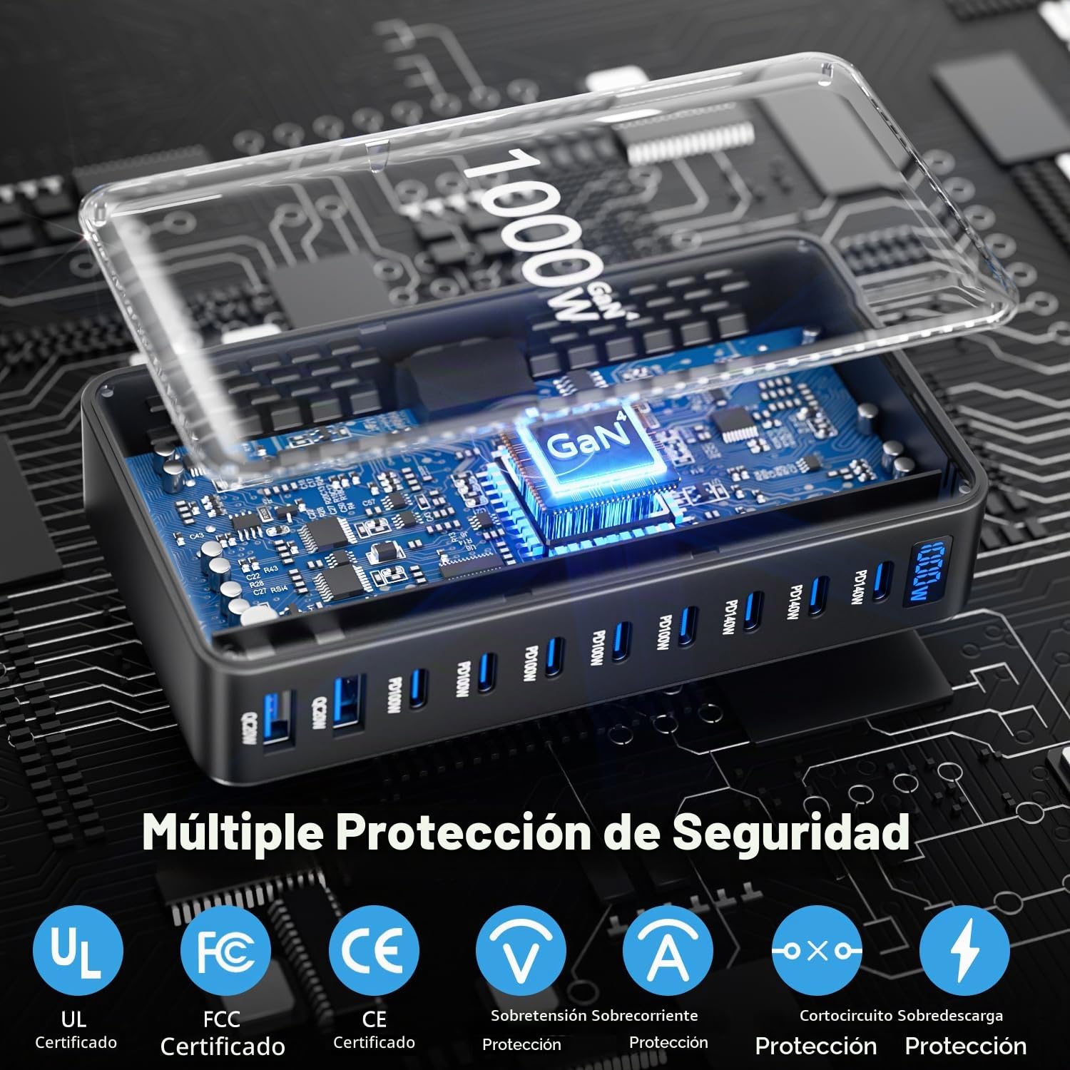 Cargador múltiple USB C de 1000 W, 10 puertos GaN USBC, estación de carga con puerto de salida de 140 W y 100 W, para MacBook Pro/Air, Lenovo, HP, portátil, escritorio USB, cargador rápido para iPhone