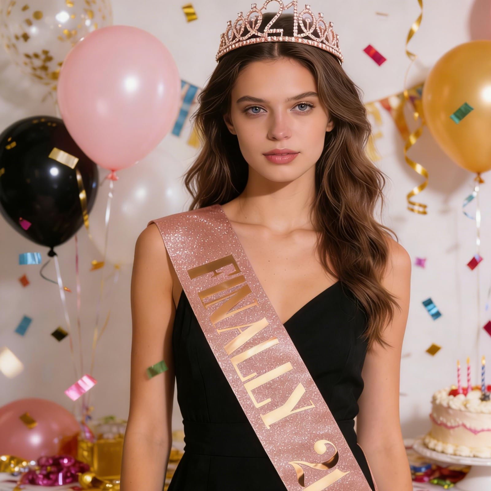 CAVETEE Rose Gold 21st Birthday Sash and Crown Set - Women's Birthday Queen Tiara and Sash