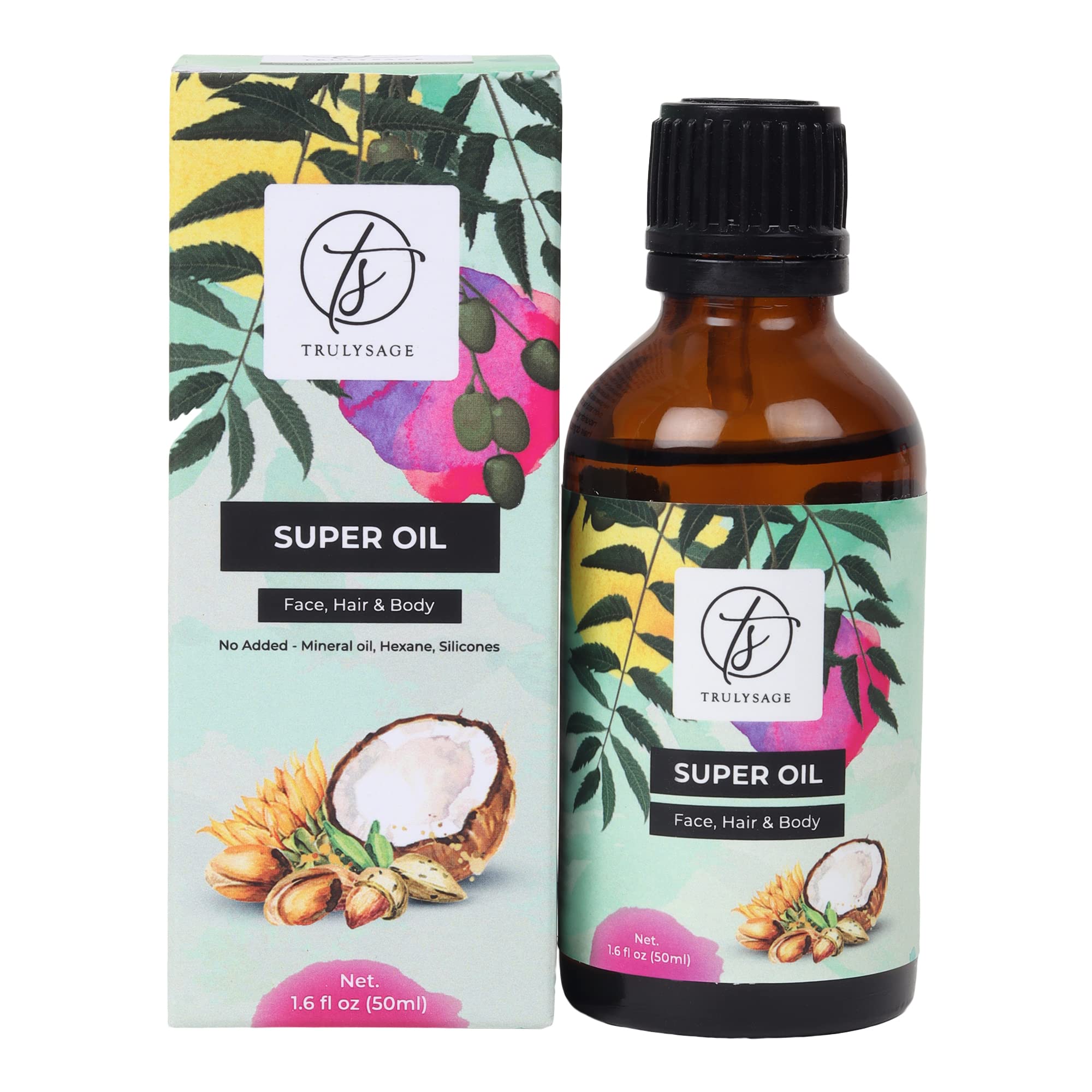 Trulysage Super Oil 50ml for glowing skin, clear skin, pigmentation, puffy eyes, cuticles, shiny body, almond, olive, coconut, pure blend of 8 oils, all skin types, up to 30 doses
