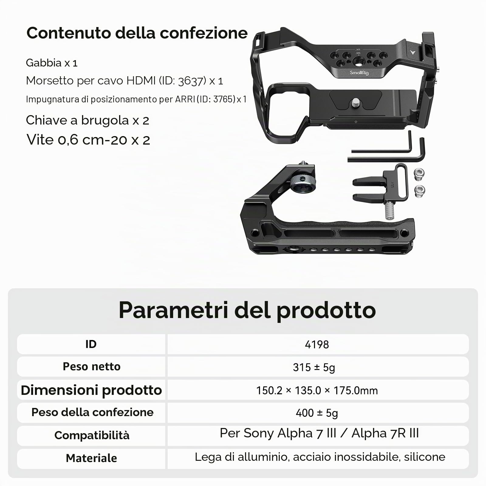 SMALLRIG A7 III/A7R III Cage Kit per Sony Alpha 7 III/Alpha 7R III, Gabbia Completa con Maniglia Superiore per ARRI e Fermacavo, Cold Shoe Incorporato e Guide NATO - 4198