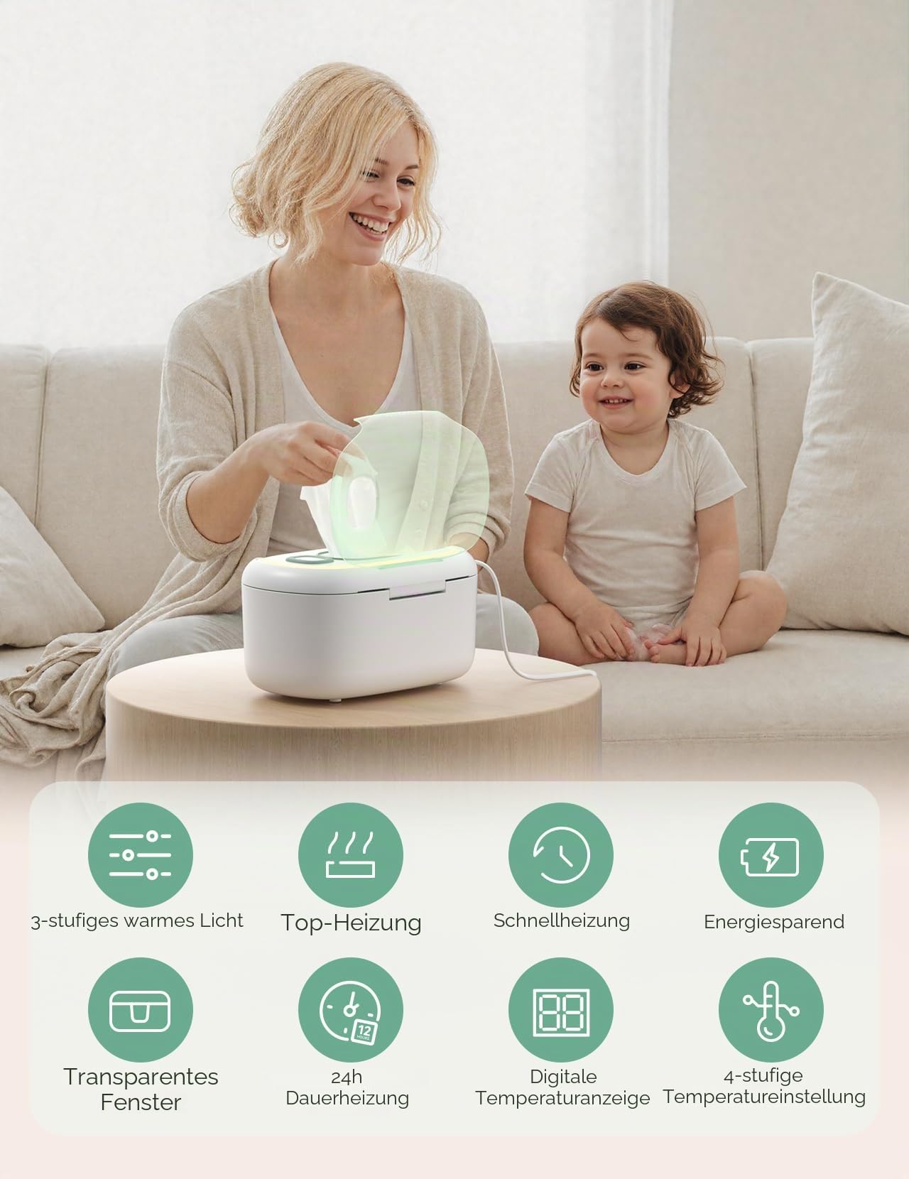 Momcozy Baby-Tücherwärmer, 100 Stück, größeres Fassungsvermögen, 10 Minuten schnelles Aufheizen mit 4 Temperaturmodi, innovatives Feder-Design, Silikon und obere Dichtungen, schnelles gleichmäßiges