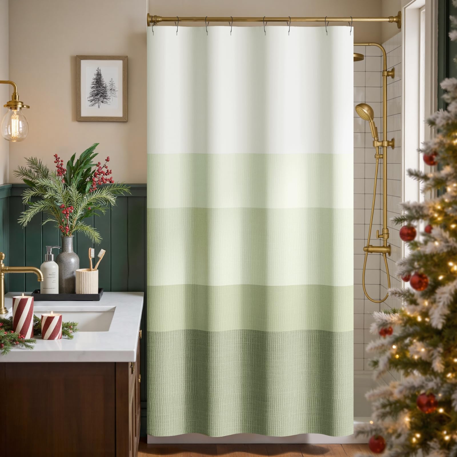 jinchan Christmas Shower Curtain Ombre Forest Green Striped Waterproof Fabric Shower Curtain for Bathroom Gradual Color Minimalist Modern Neutral Small Stall with 12 Hooks 48x72 inches