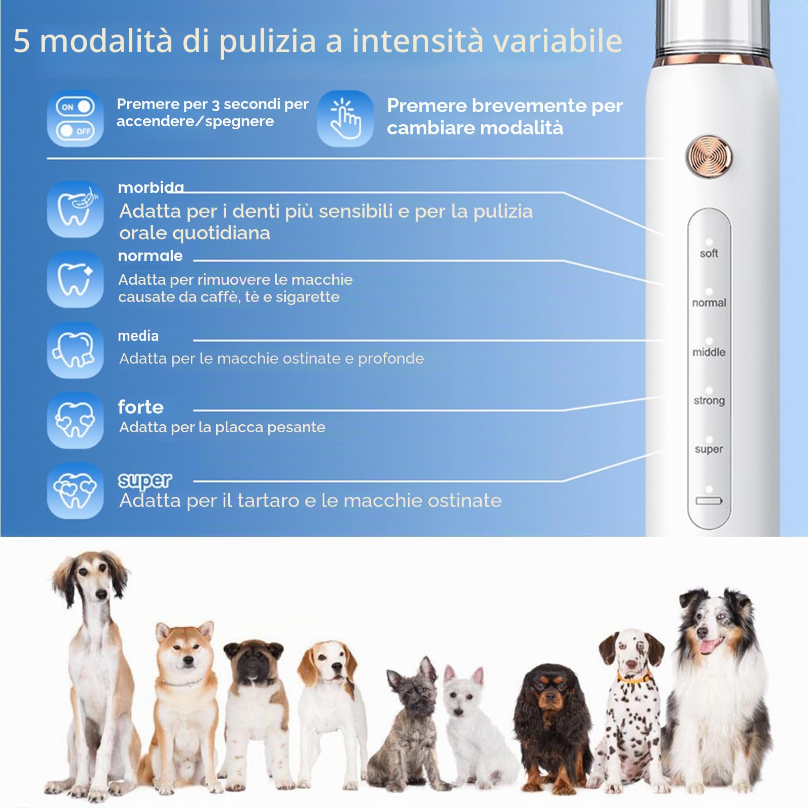 Rimozione del tartaro ad ultrasuoni Kit di pulizia dentale ad ultrasuoni per cani pulitore dentale per animali domestici 5 modalità regolabili per gatti strumenti di pulizia dei denti rimozione del
