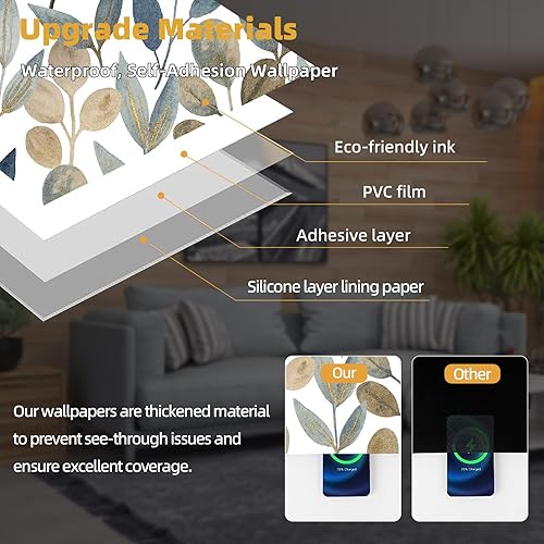 Miniatura 4 de MIAHOM - Papel tapiz de hoja dorada para despegar y pegar, moderno, autoadhesivo, botánico, impermeable, de vinilo, extraíble, floral, grueso, apto