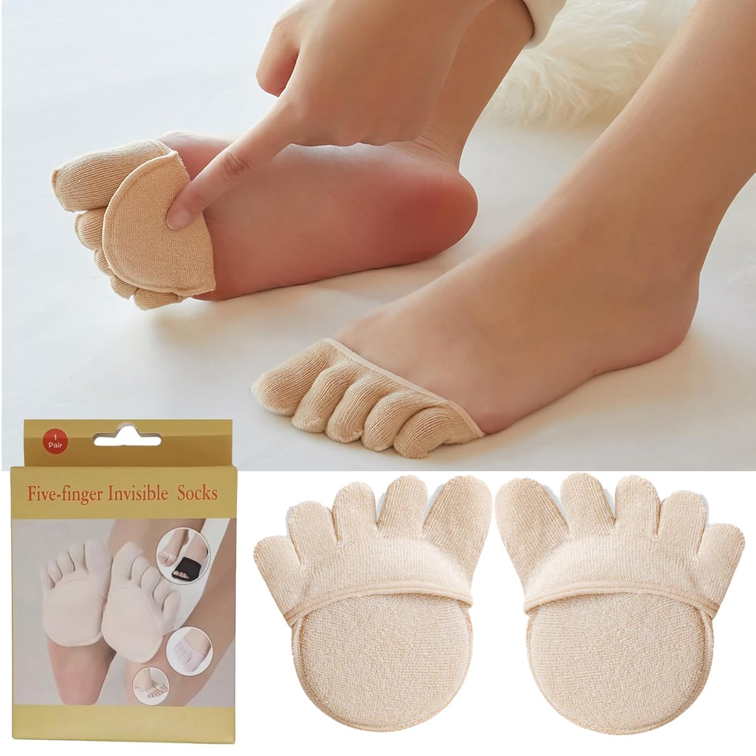 Falshruti Toe Topper Socks for Women, 2 Pairs Five Finger Half Socks with Ball of Foot Cushion, Non-Slip No Show Shoe Liners for Heels, Flats & Boots 3
