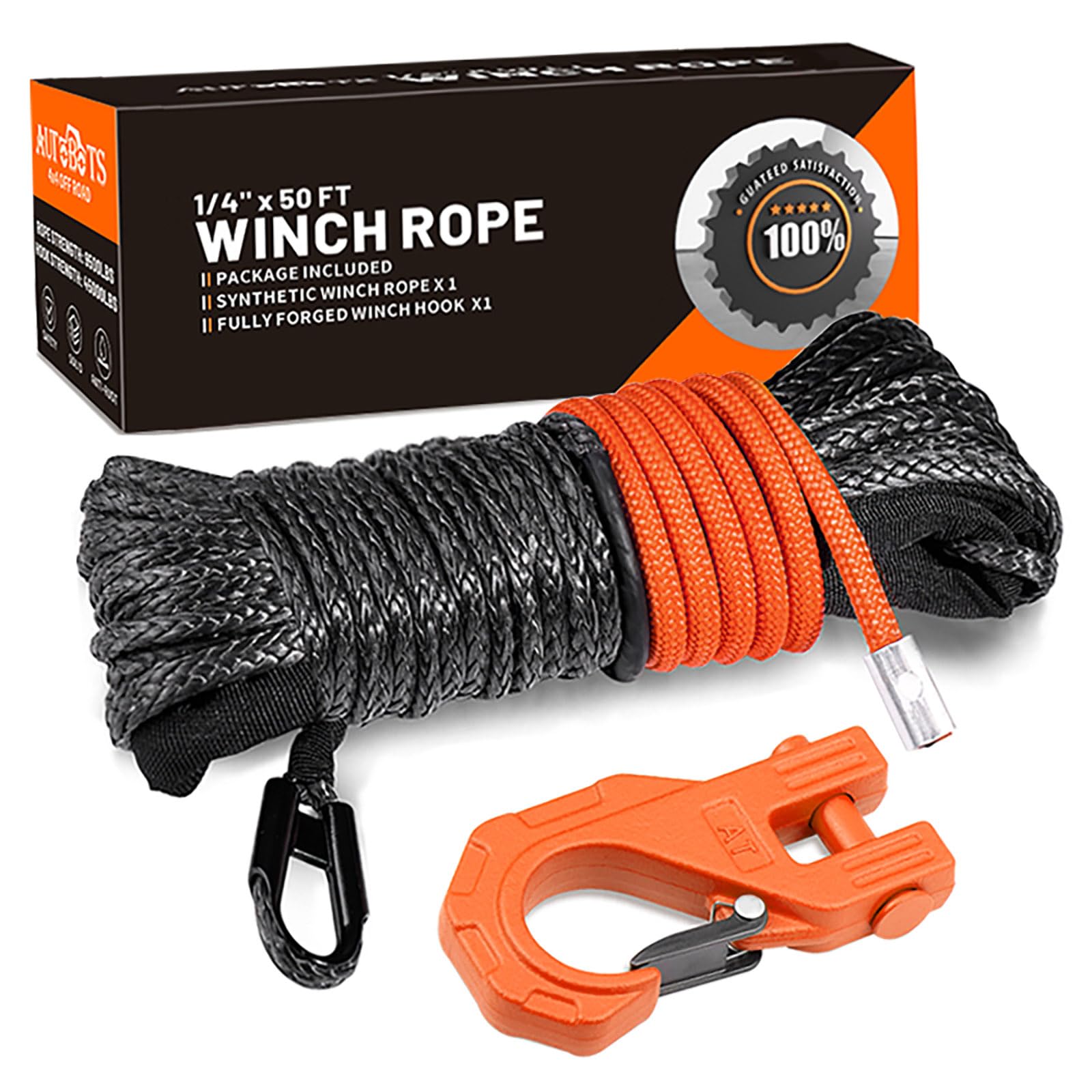 Corde de treuil synthétique orange de 15,2 m AUTOBOTS haute résistance mécanique avec crochet