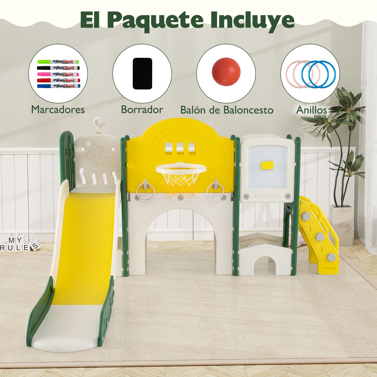 COSTWAY Tobogán Infantil 10 en 1, Parque Infantil con Pizarra (Amarillo)