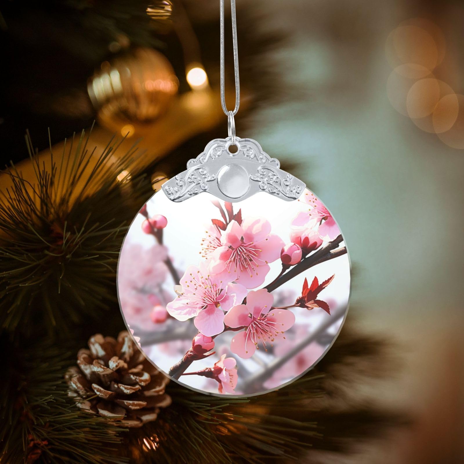 Crystal Christmas Ornaments for Christmas Tree Decoration Hanging Plum Blossom Ornament with Gold Ribbon Crafts Round Pendant for Keepsake Gifts Glass Xmas Decor Party Supplies