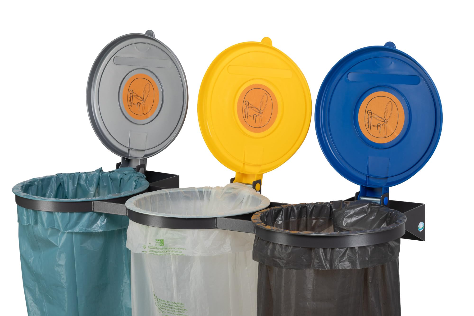 PROREGAL Robuster Abfallsammler für Wertstoffsortierung 3-Fach | Wandhalterung | 3x 120 Liter, BxT 120x51cm | Stahl | Mülleimer Abfalleimer