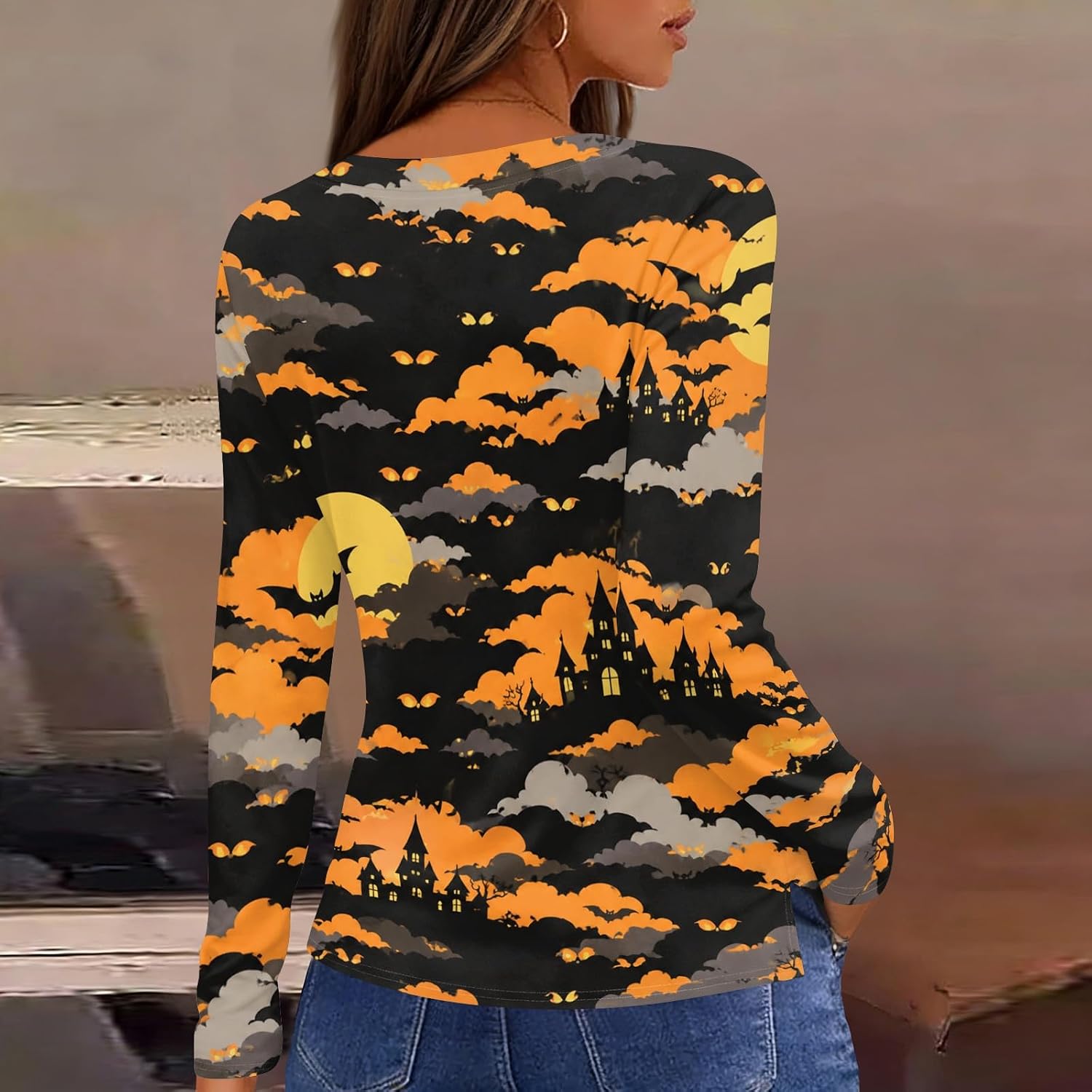 Women Halloween Fall Long Sleeve Crew Neck Graphic Shirts | Womens Spring Blouses And Tops Dressy, Women's Cotton Tshirt, Women's Long Sleeve Blouses, Fall Clothes For