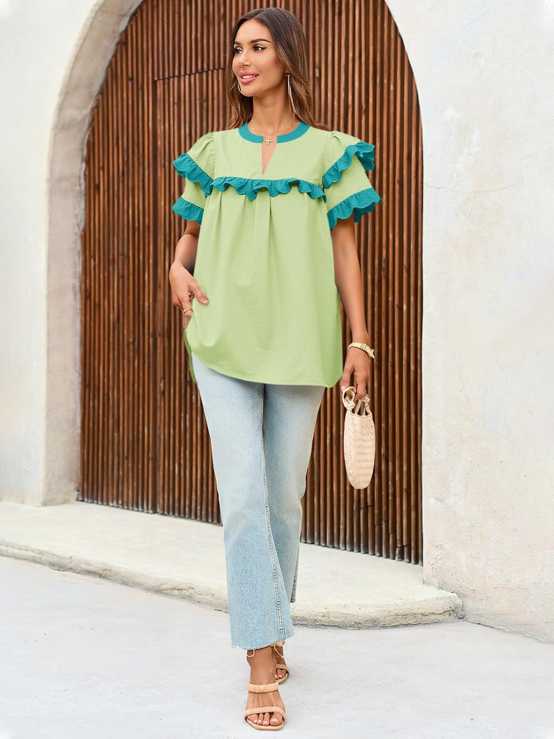 Tankaneo Womens Ruffle Sleeve Babydoll Tops Color Block Summer V Neck Pleated Blouse Dressy Casual Loose Fit Shirts - Image 6