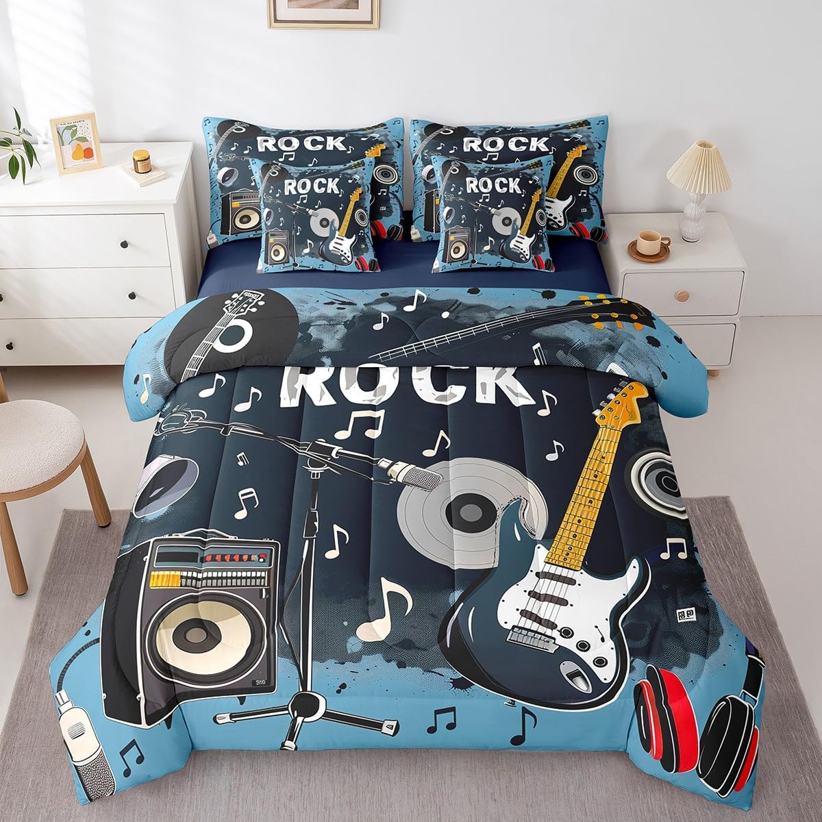 Feelyou Rock Music 7 Piece Bedding Set Full Size Guitar Musical Comforter Set with Sheets for Kids Boys Girls Teens Toddler Musical Instrument Bed in a Bag Music Theme Bed Set