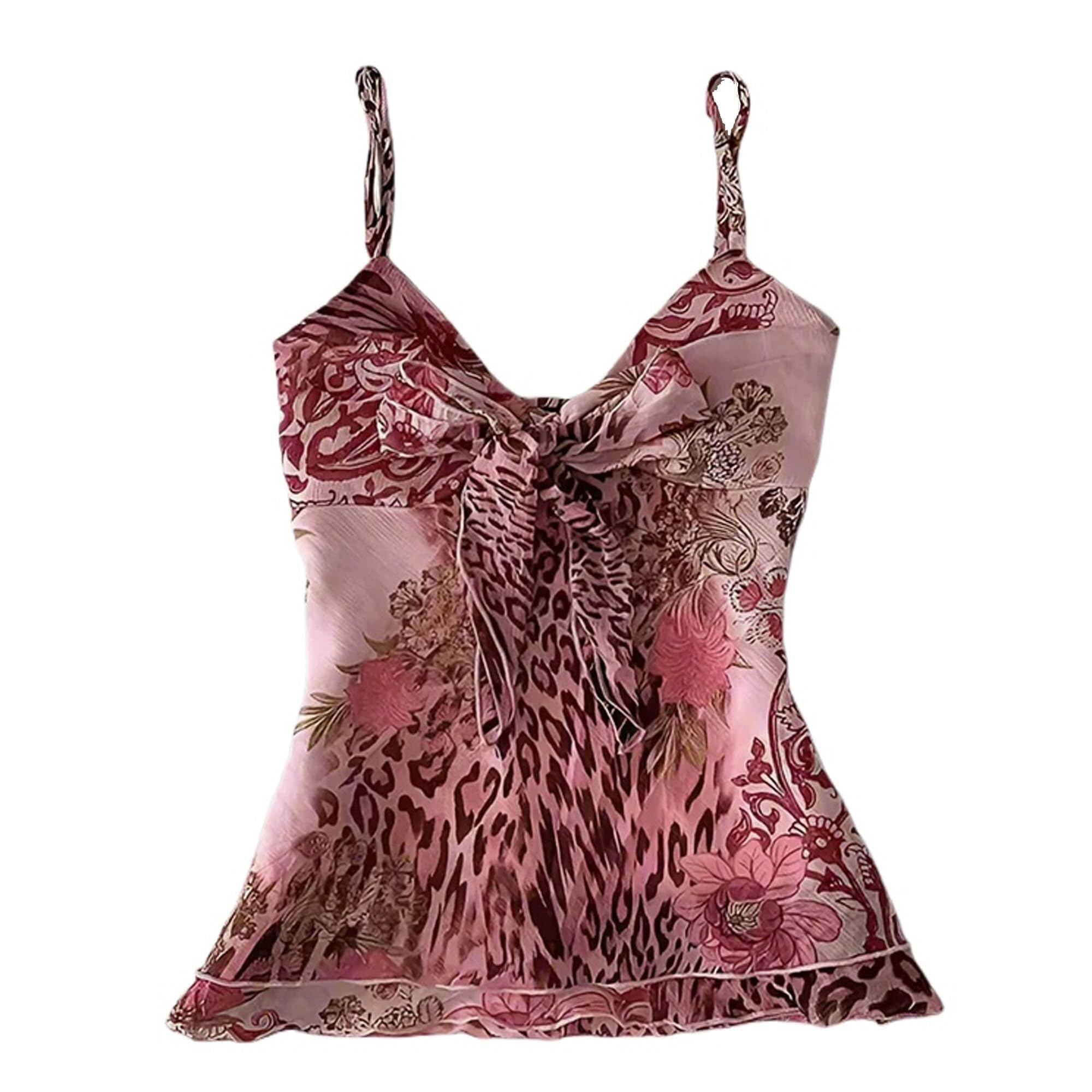 NIUVOO Women 2000s Emo Coquette Cropped Top Grunge Spaghetti Strap Tops Vintage Camisole Y2k Cheetah Tops Streetwear(Pink,Small)