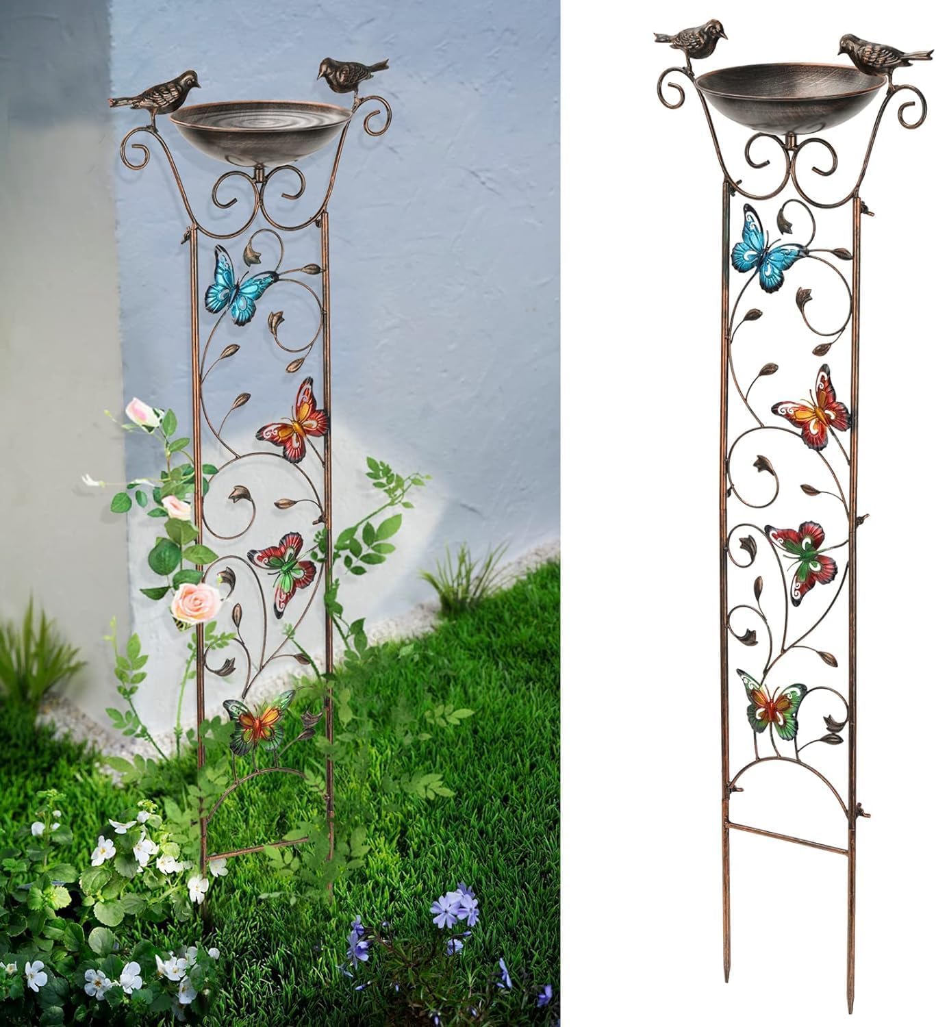 Greenfields Vintage Garden Trellis Bird Bath Bowl - Decorative Freestanding Iron Stand Support Birdbaths for Climbing Plants Flowers - Detachable Bowl for Rustic Outdoor Decor (Butterfly)